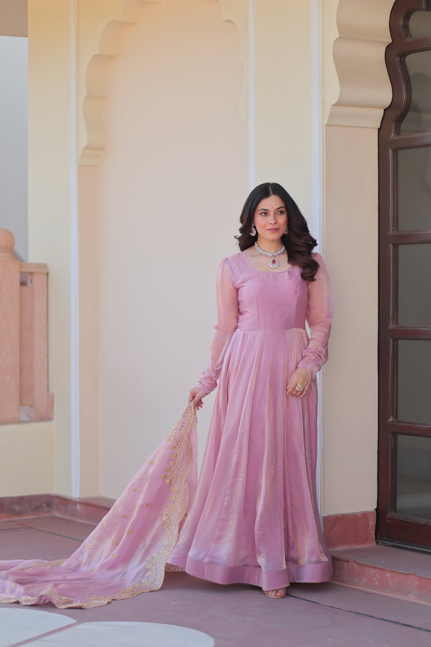 Pink Chiffon Long Gown With Dupatta