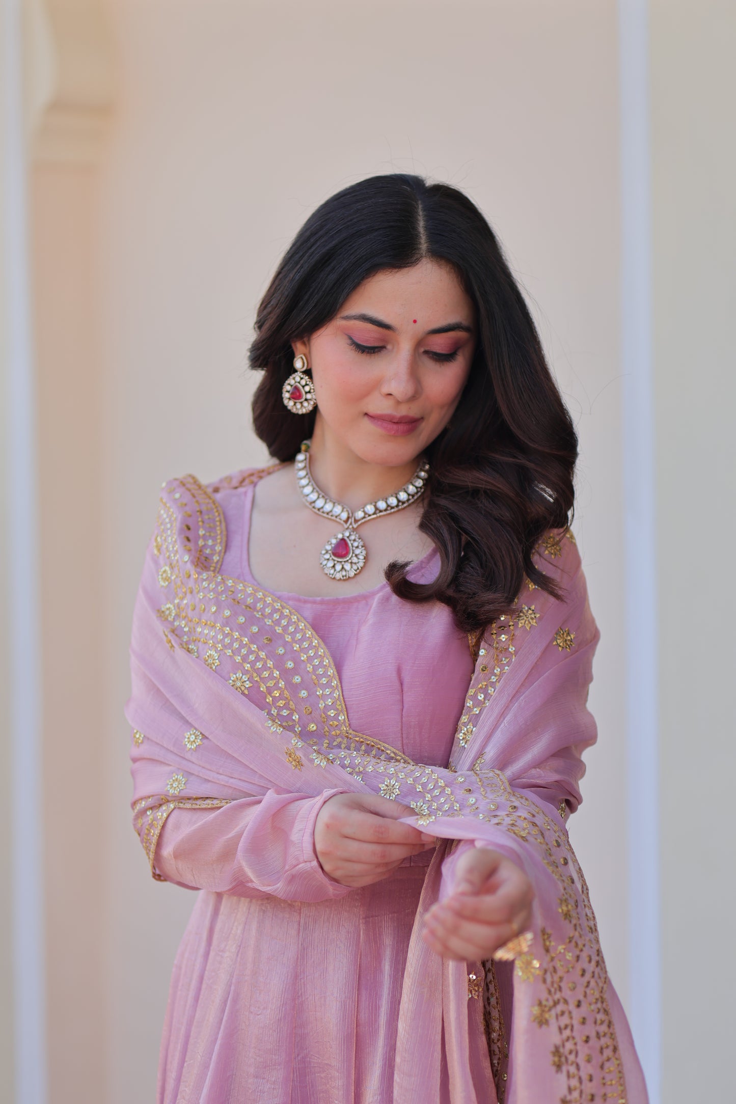 Pink Chiffon Long Gown With Dupatta