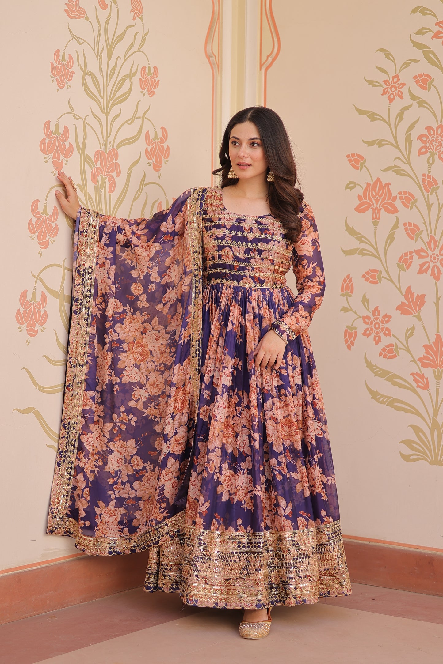Purple Silk Printed And Embroidered Gown