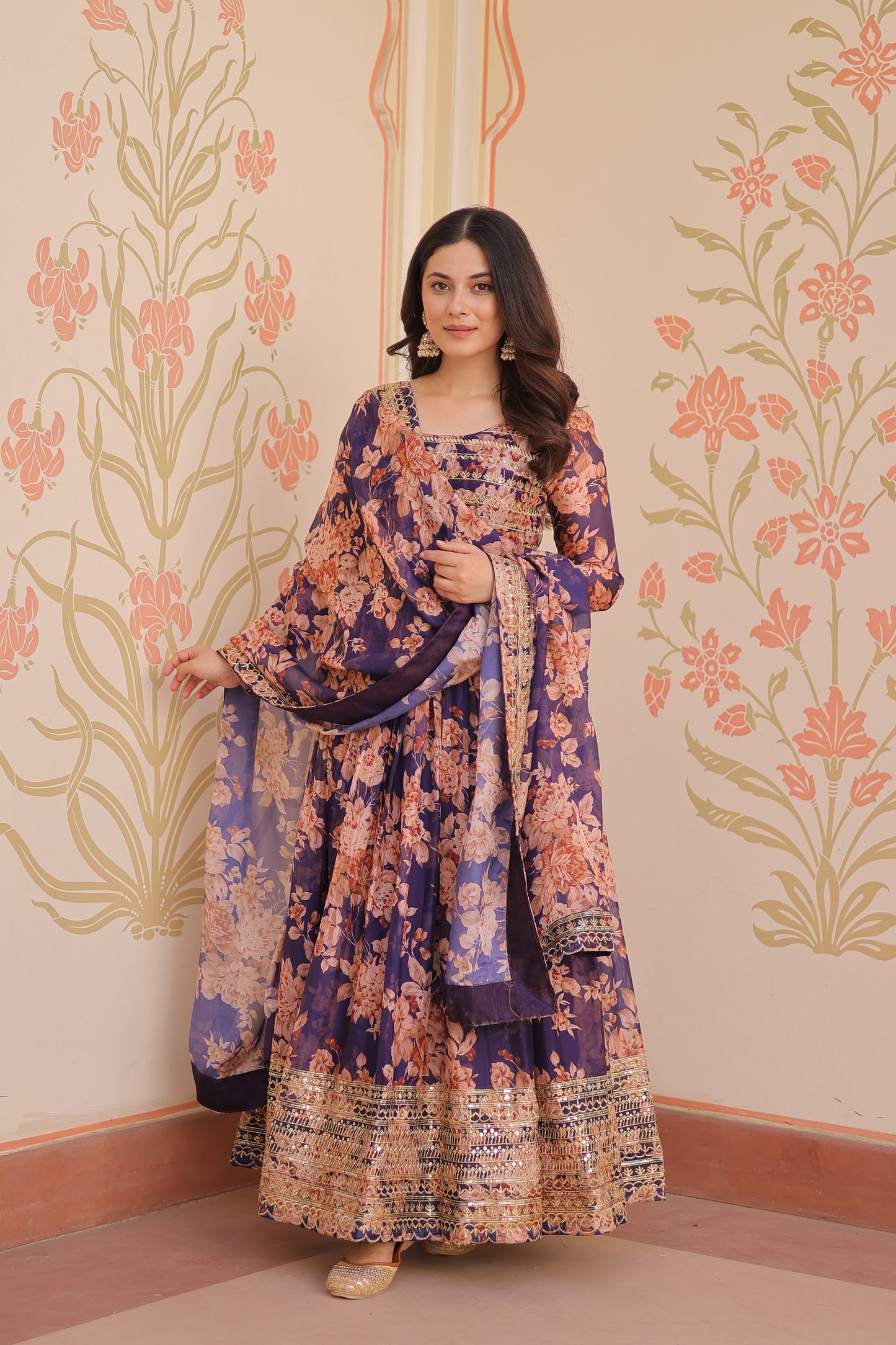 Purple Silk Printed And Embroidered Gown
