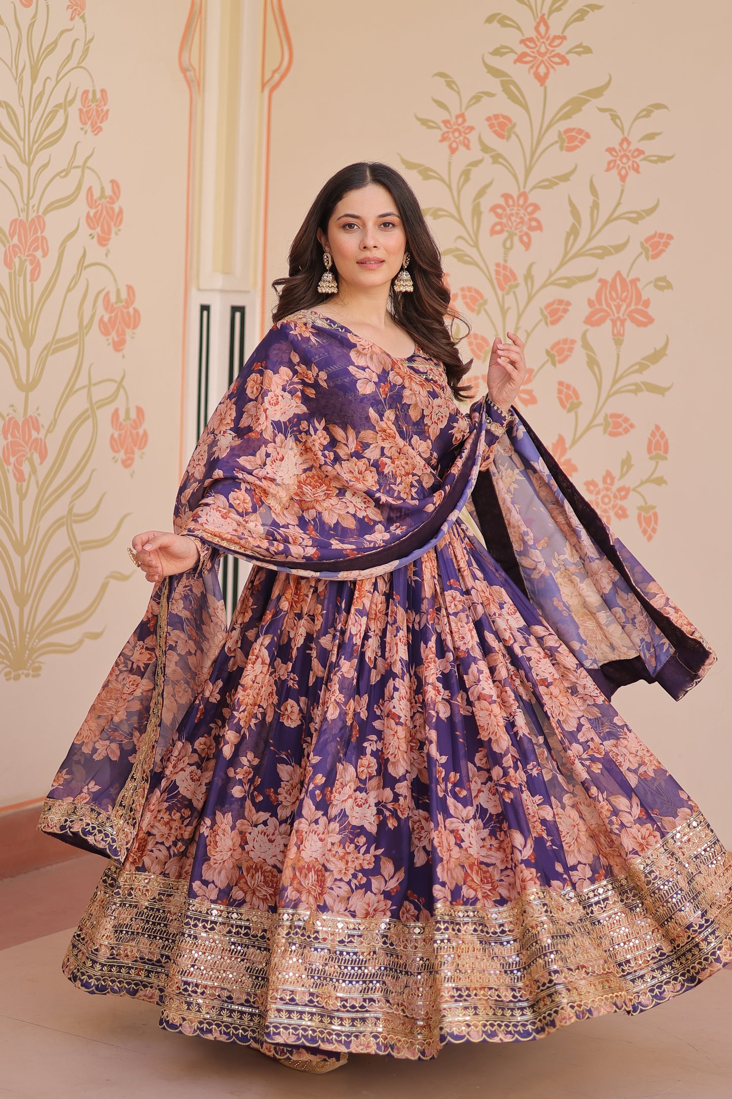 Purple Silk Printed And Embroidered Gown