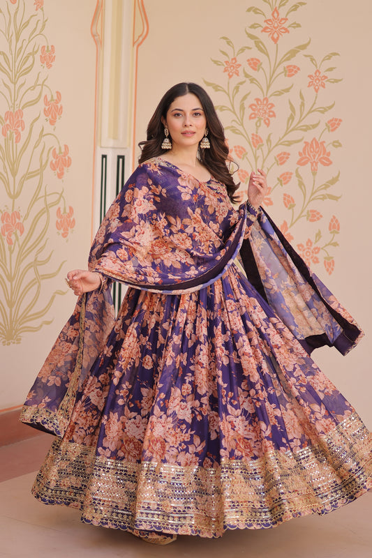 Purple Silk Printed And Embroidered Gown