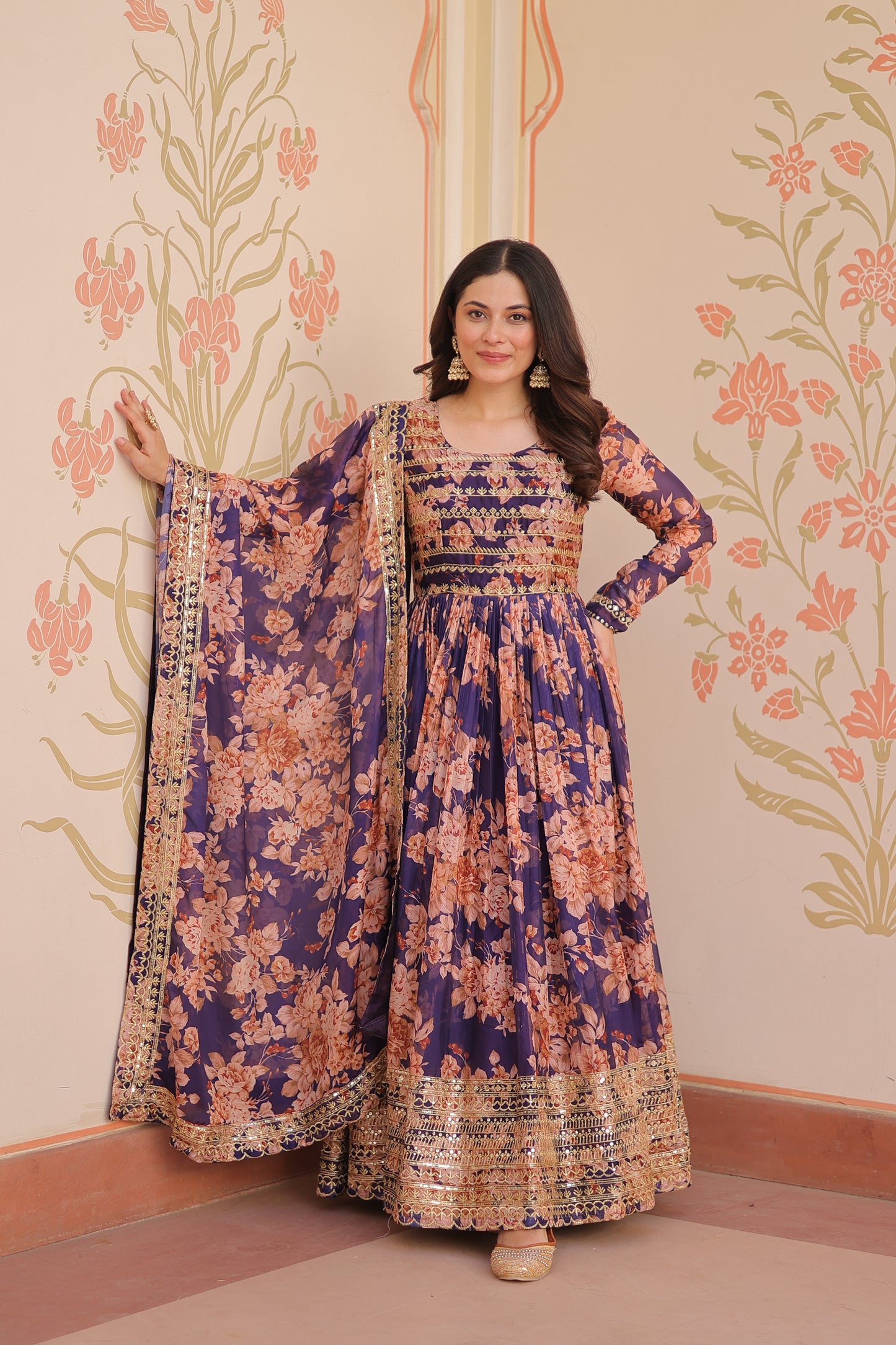 Purple Silk Printed And Embroidered Gown