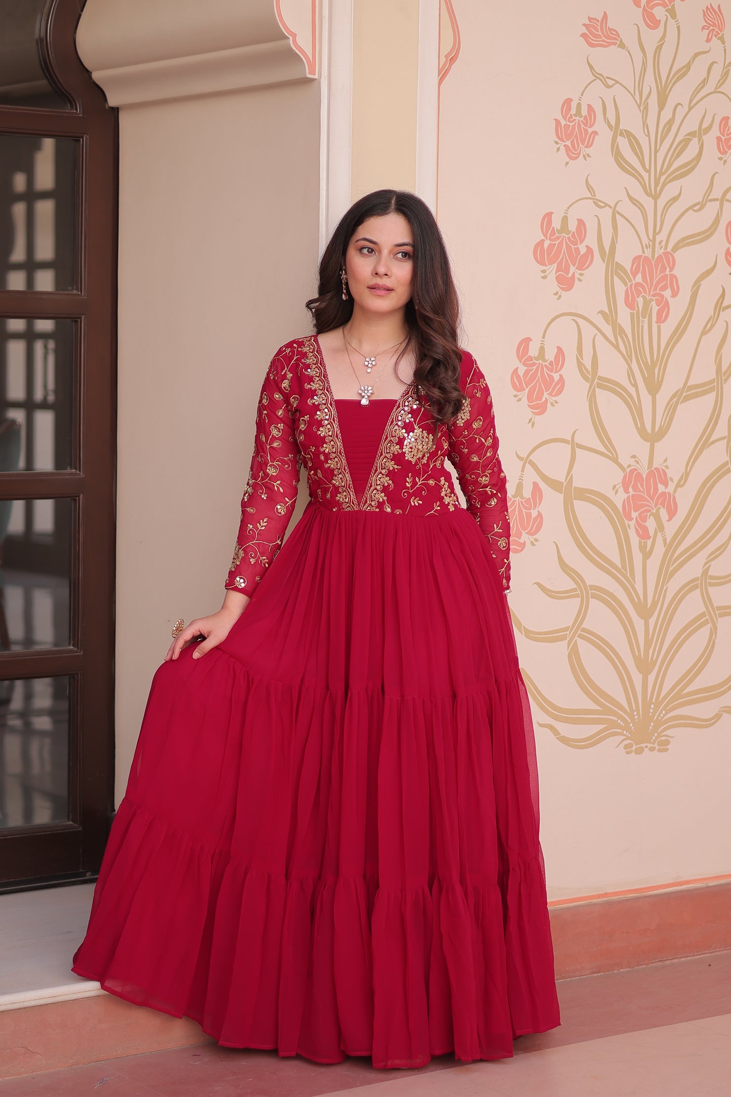 Pink Embroidered Ethnic One Piece Dress