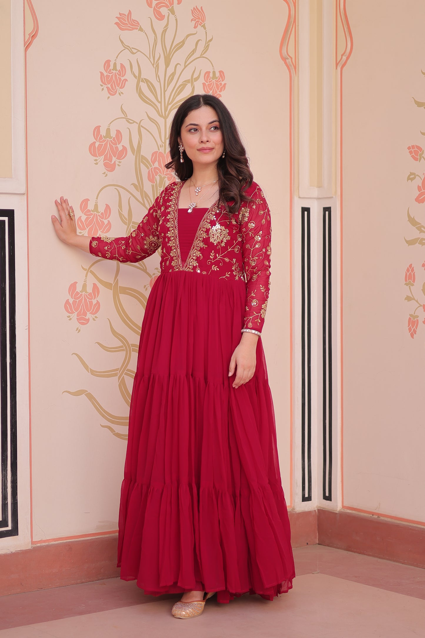 Pink Embroidered Ethnic One Piece Dress
