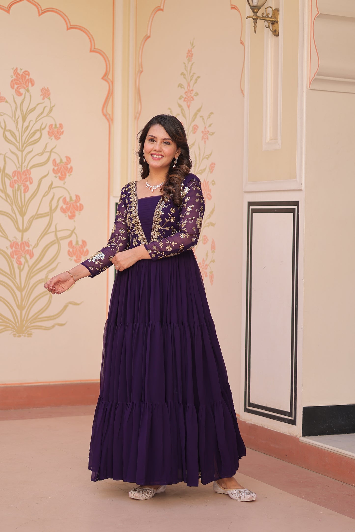 Purple Embroidered Ethnic One Piece Dress