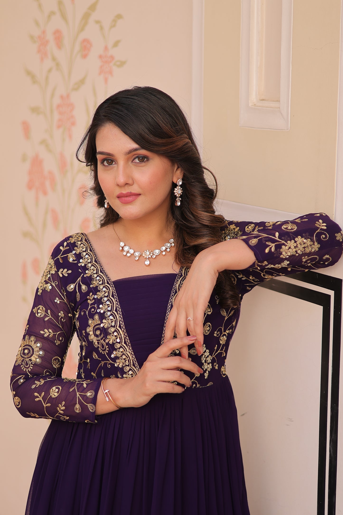 Purple Embroidered Ethnic One Piece Dress