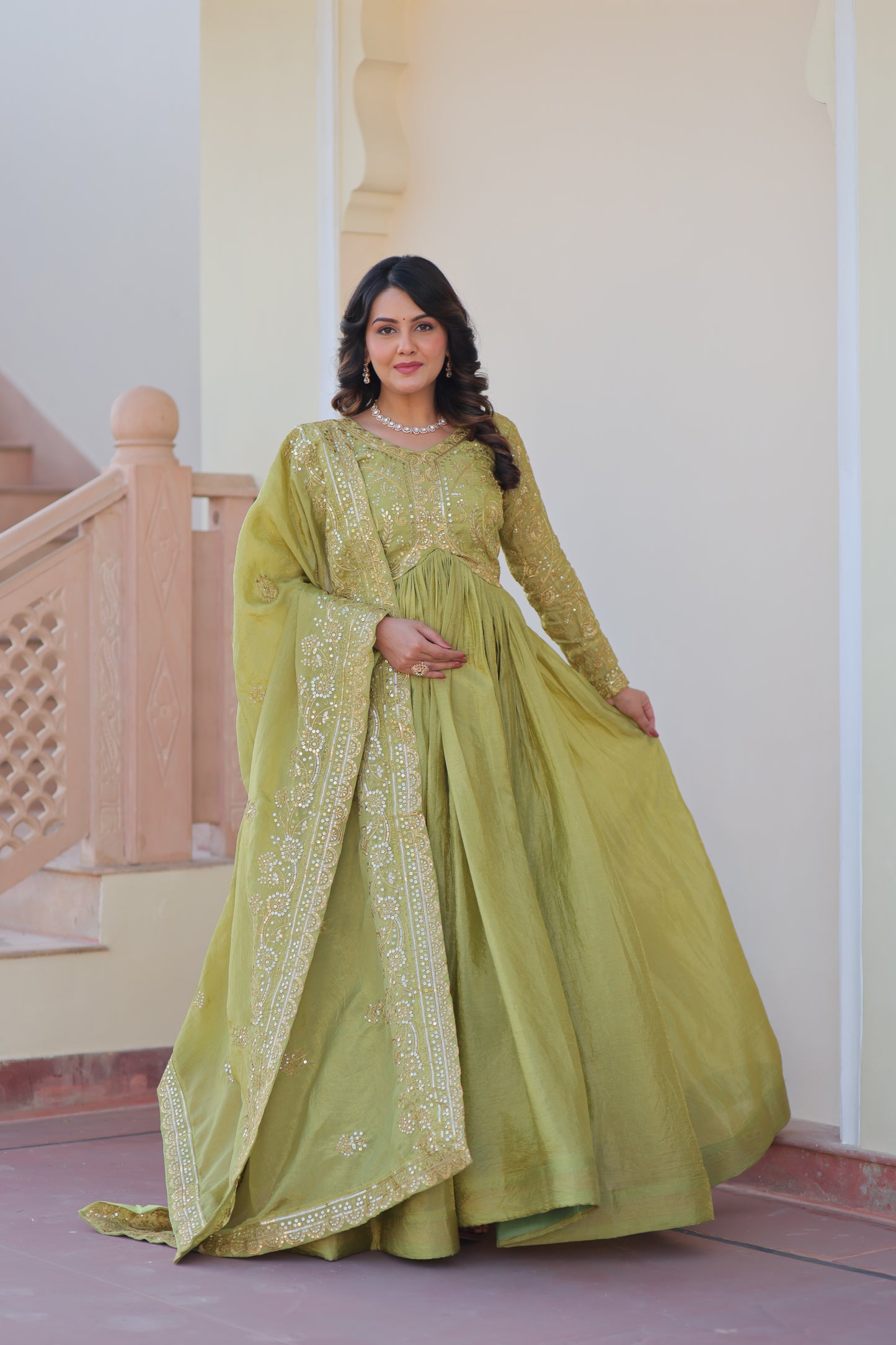 Pista Embroidered Gown For Women With Dupatta