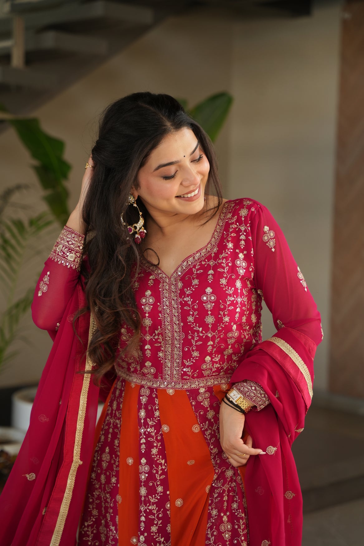 Pink Georgette Embrodary kali work gown with dupatta