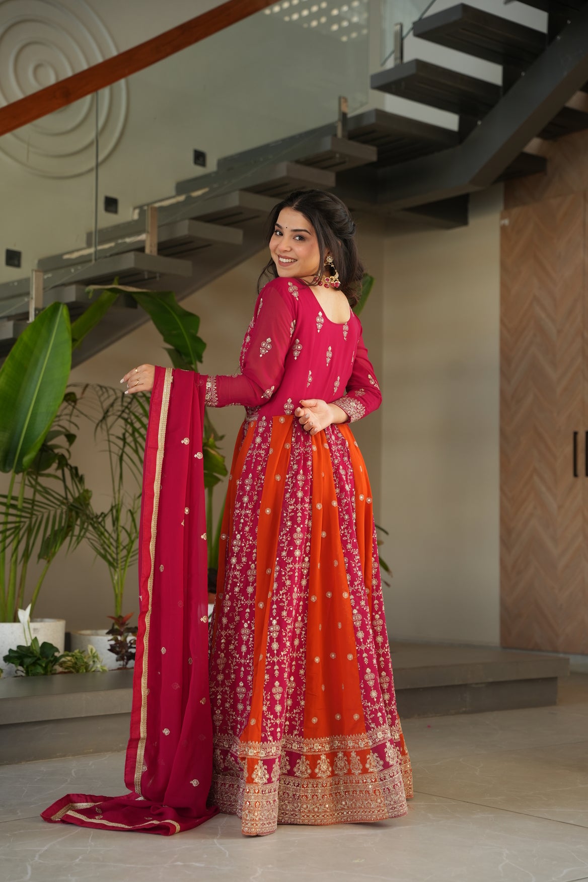 Pink Georgette Embrodary kali work gown with dupatta