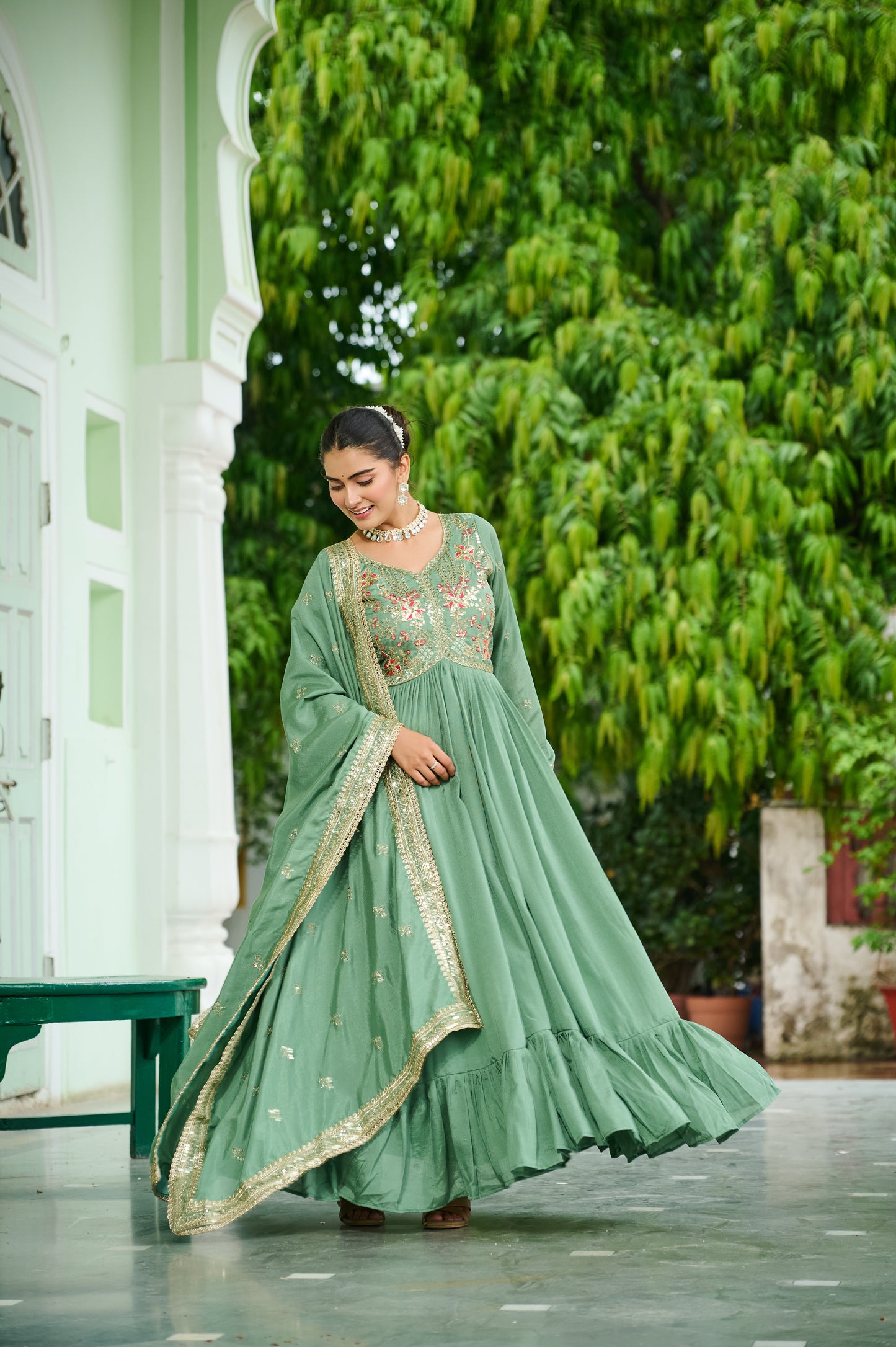 Firozi Vichitra Silk Embroidered Flared Ethnic Gown