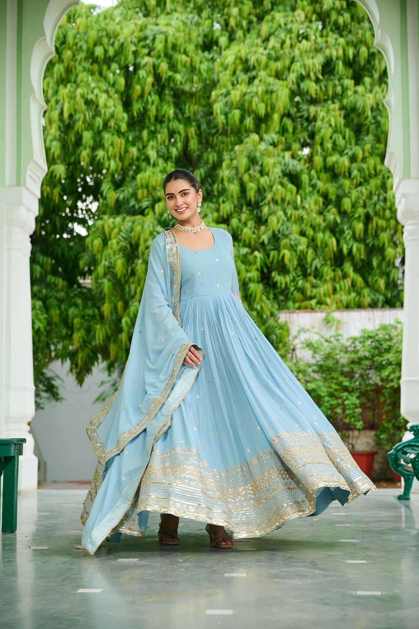 Sky Blue Georgette Embroidery Anarkali Gown With Dupatta