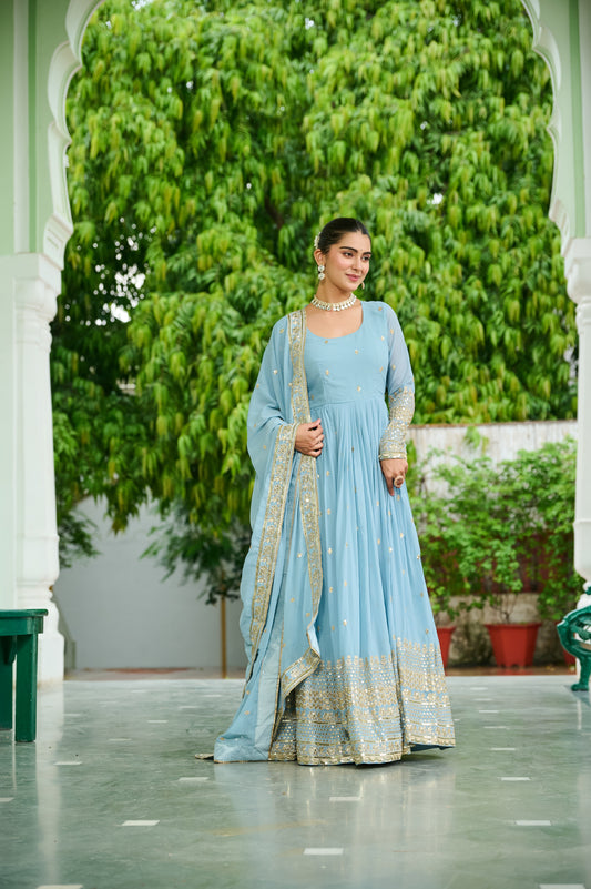 Sky Blue Georgette Embroidery Anarkali Gown With Dupatta