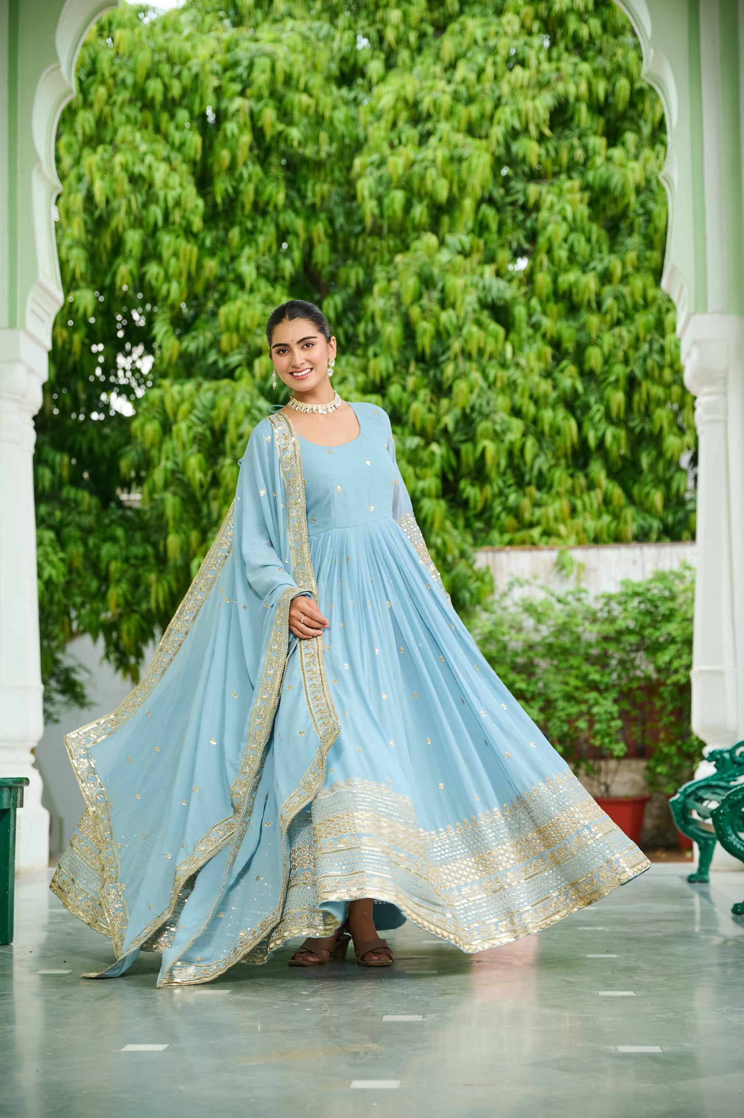 Sky Blue Georgette Embroidery Anarkali Gown With Dupatta