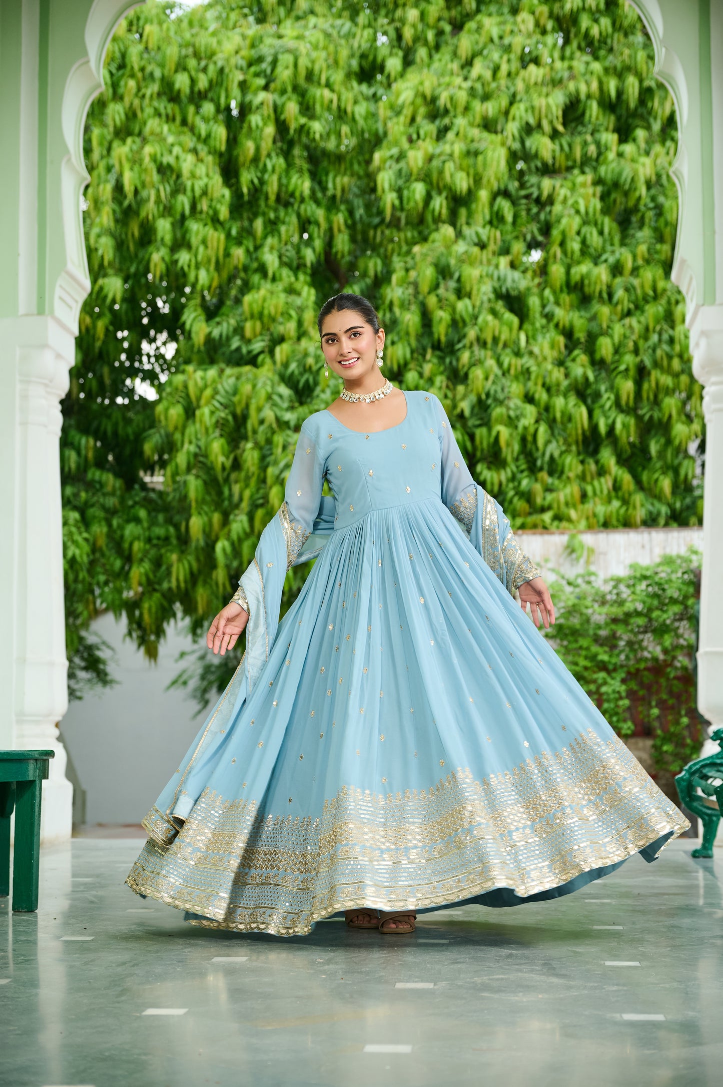 Sky Blue Georgette Embroidery Anarkali Gown With Dupatta