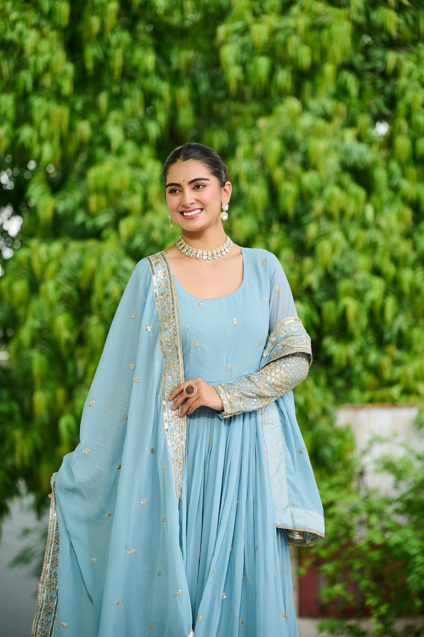 Sky Blue Georgette Embroidery Anarkali Gown With Dupatta