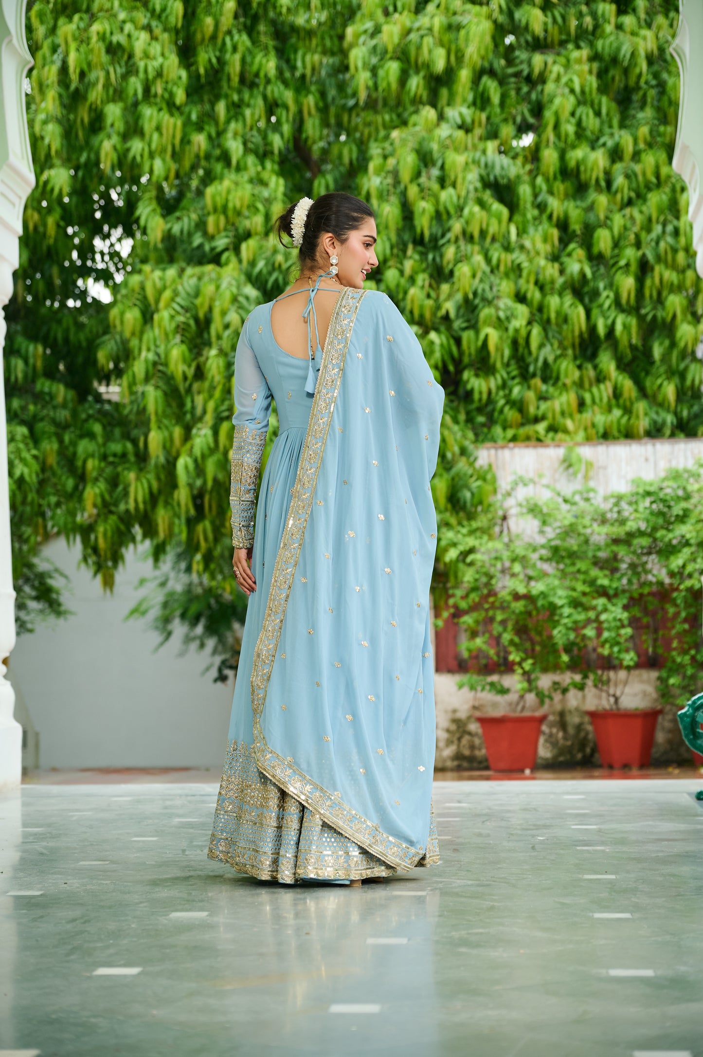 Sky Blue Georgette Embroidery Anarkali Gown With Dupatta