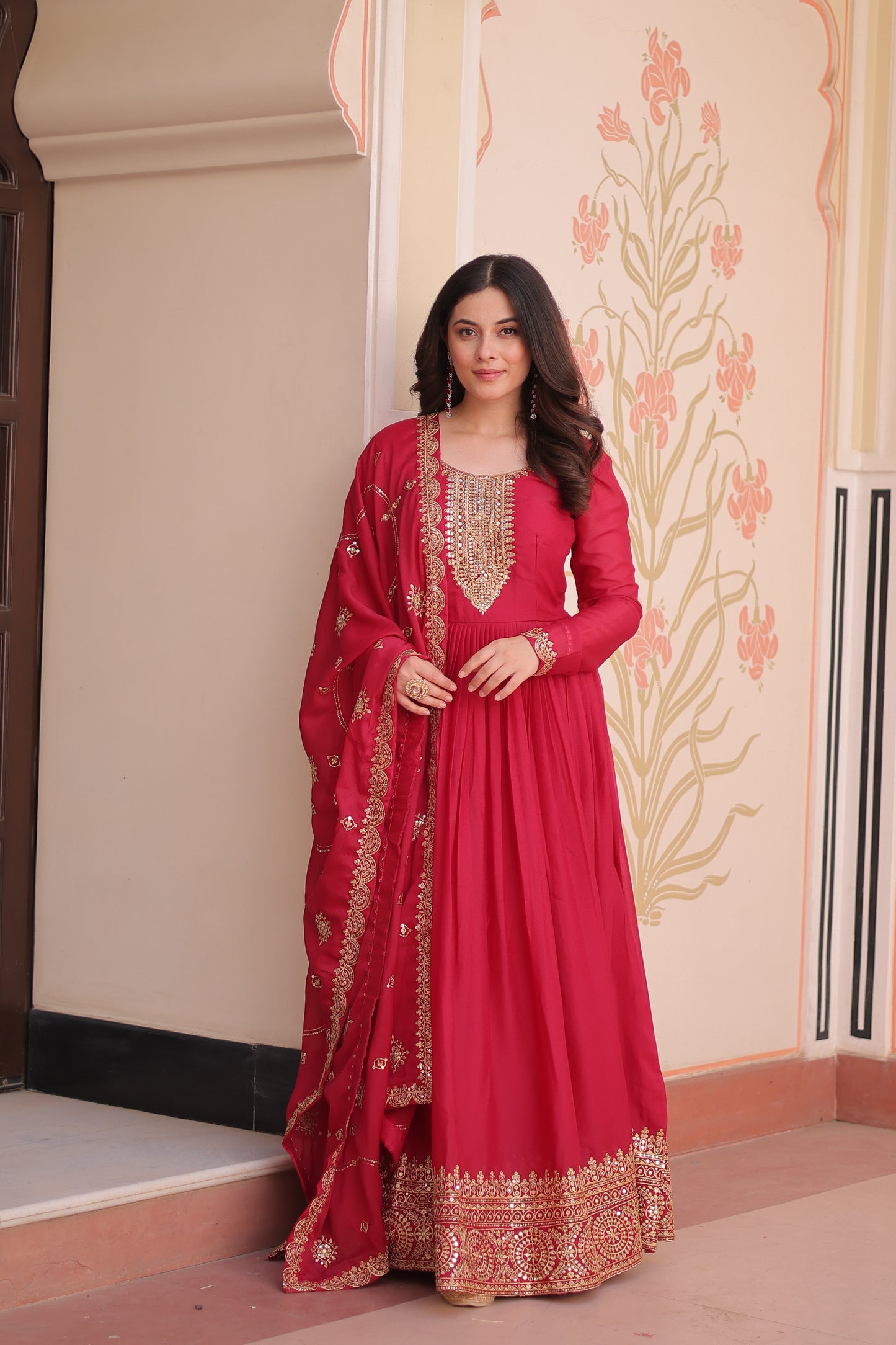 Pink Georgette Embroidery Long Anarkali Gown With Dupatta