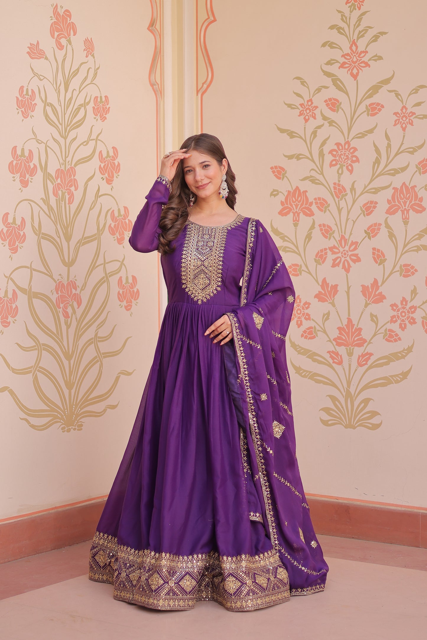 Purple Georgette Embroidery Long Anarkali Gown With Dupatta