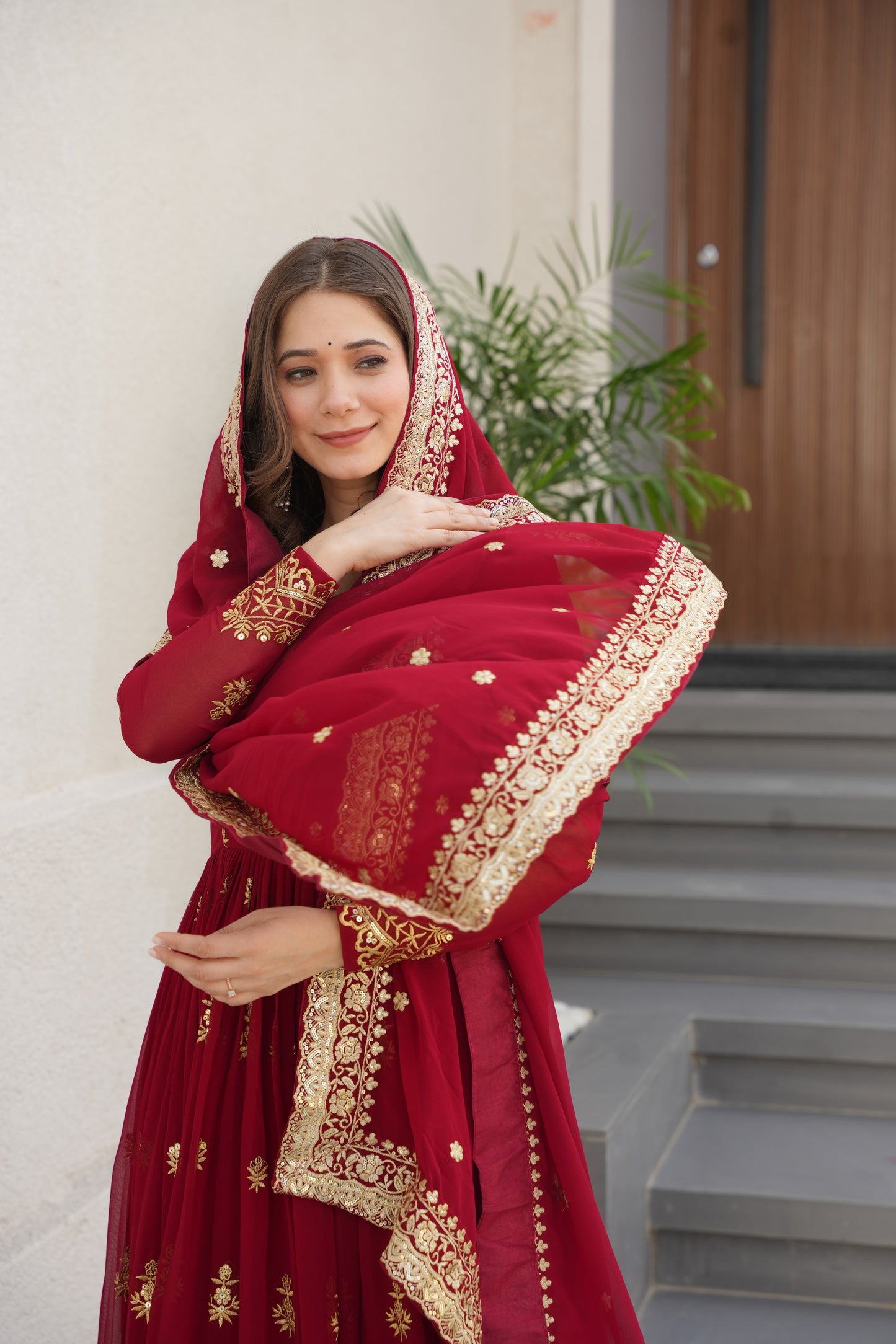 Maroon Georgette Embrodary Work Logn Gown