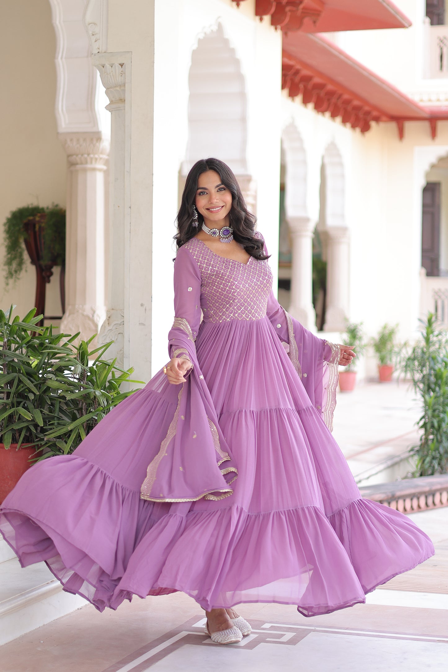 Purple Long Flair Embroidered Ethnic Dress With Dupatta