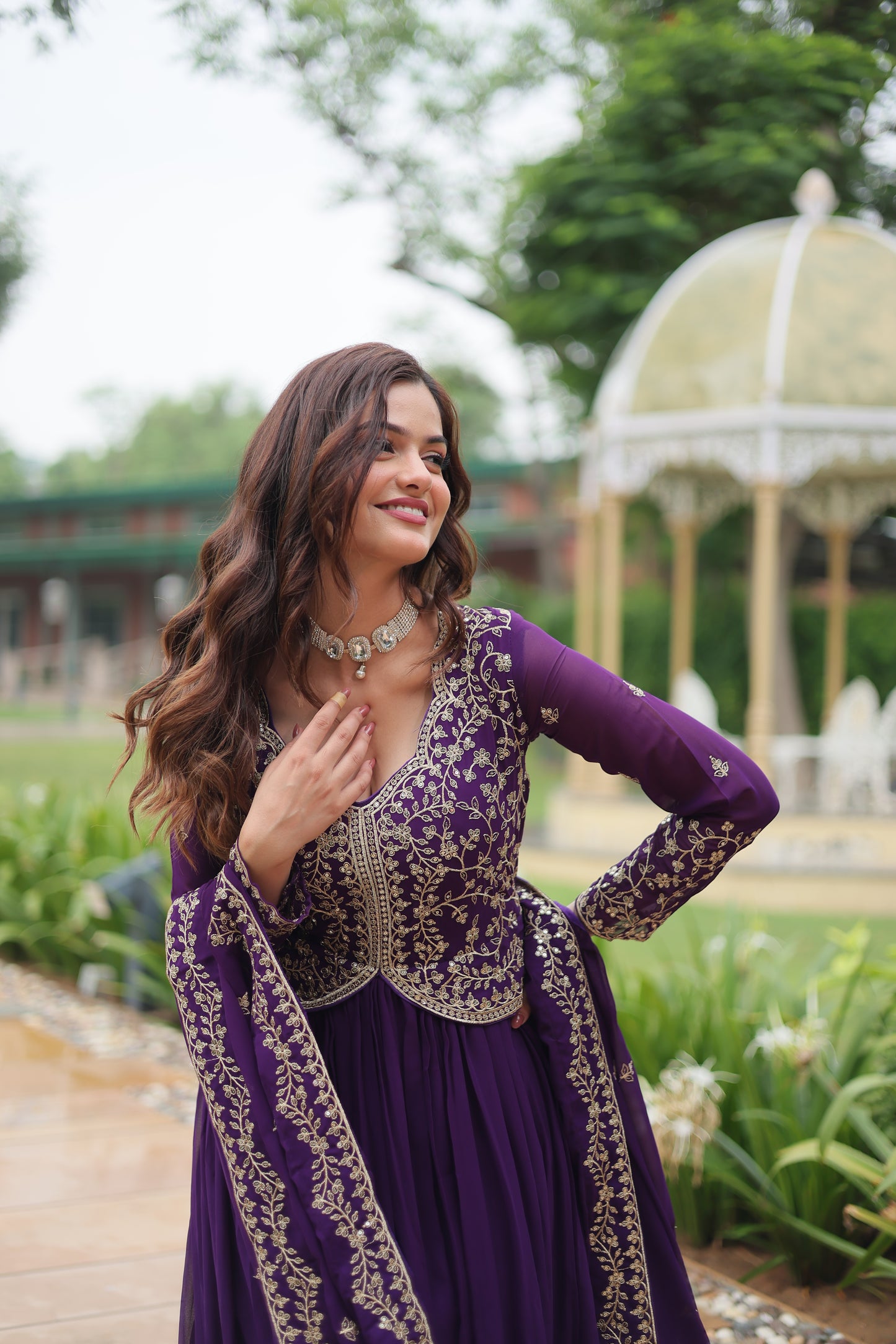 Purple georgette gown with dupatta