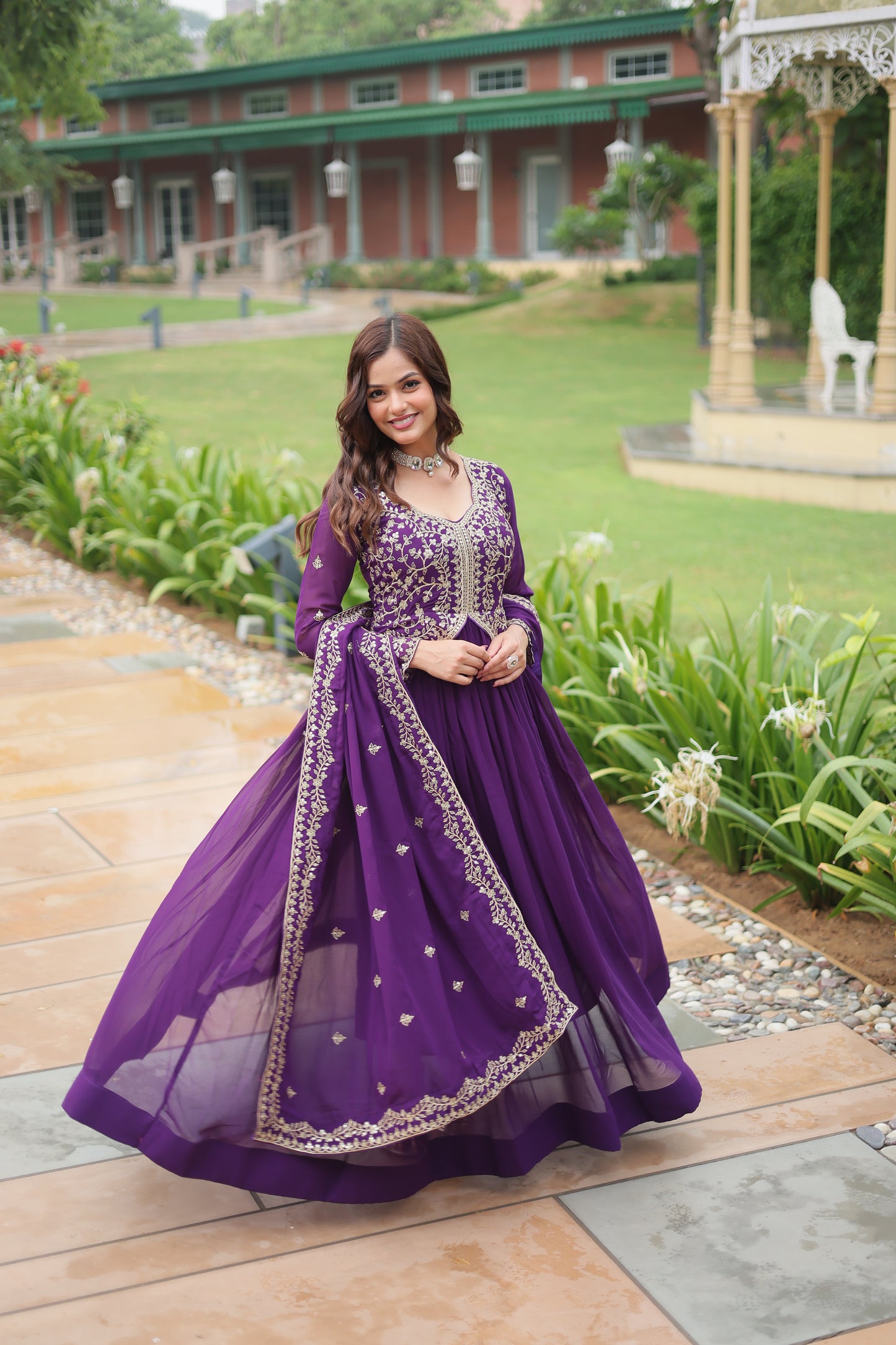 Purple georgette gown with dupatta