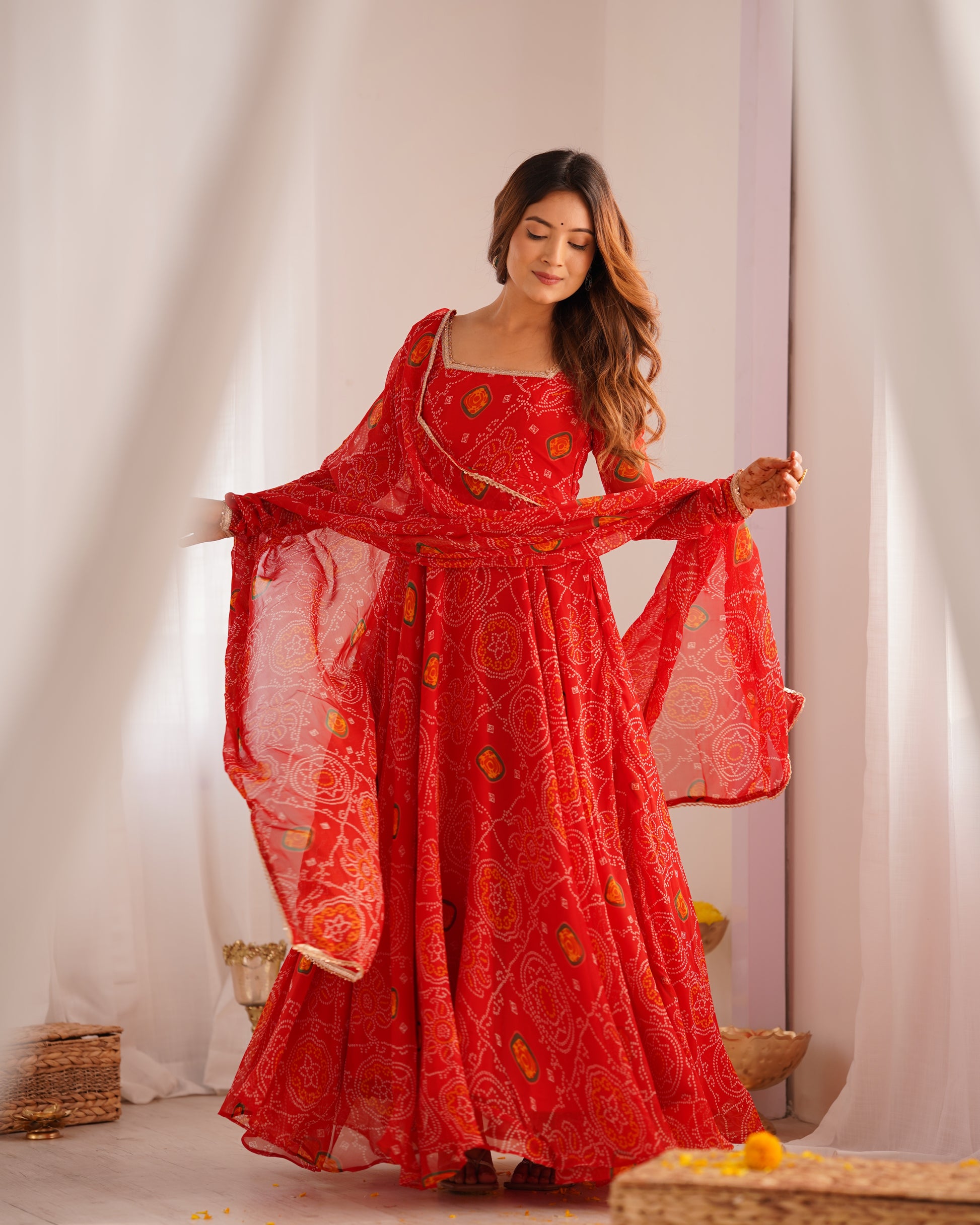 Red Bandhani Printed Anarkali Suit 14
