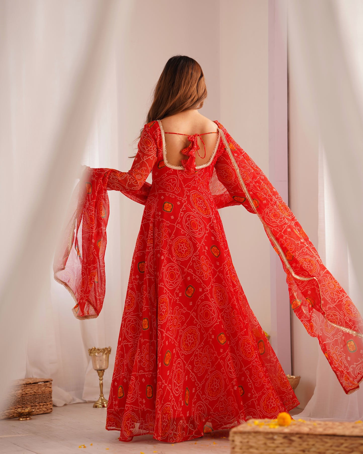 Red Bandhani Printed Anarkali Suit 9