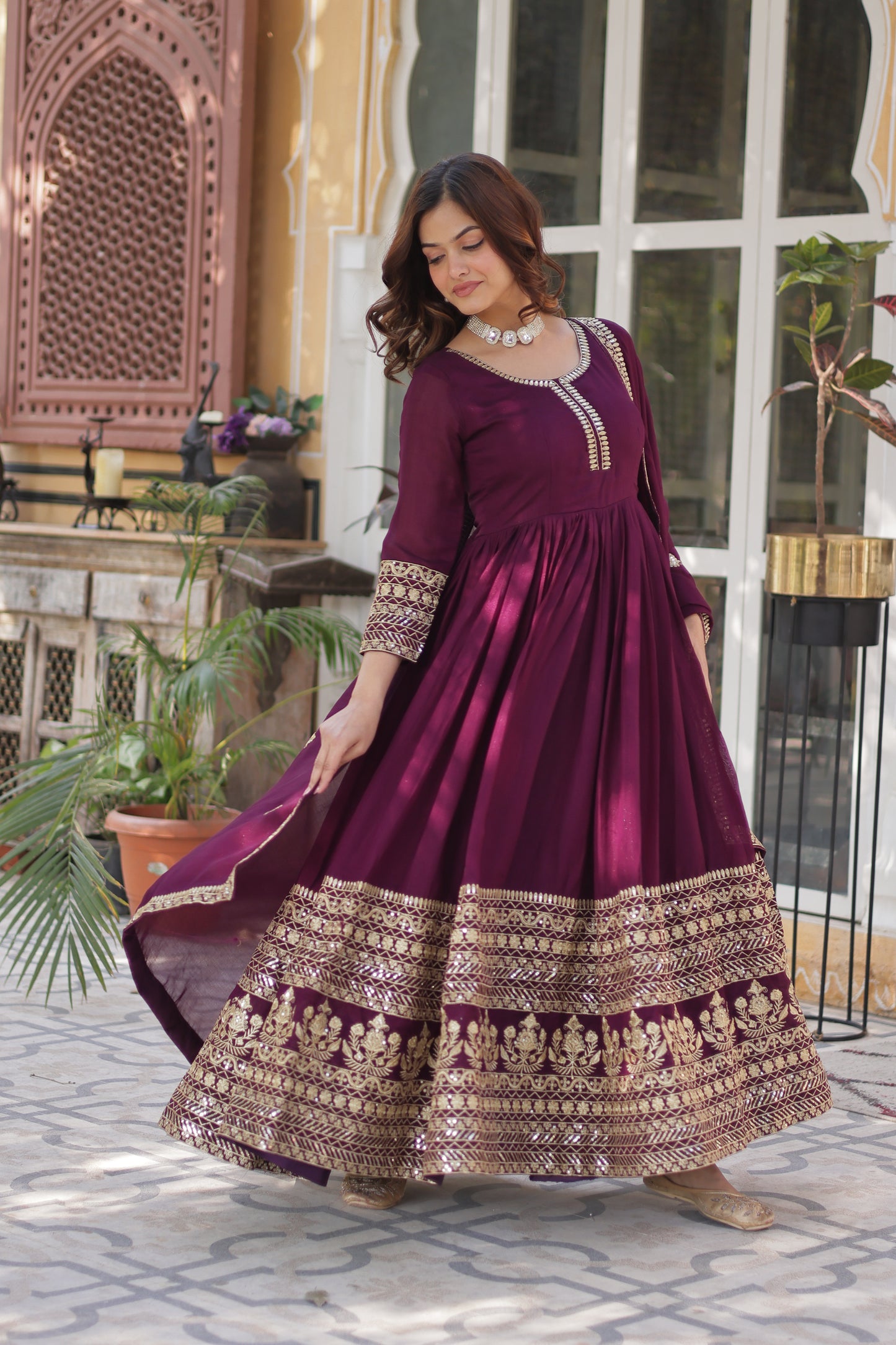 Wine Embroidered Anarkali Dress