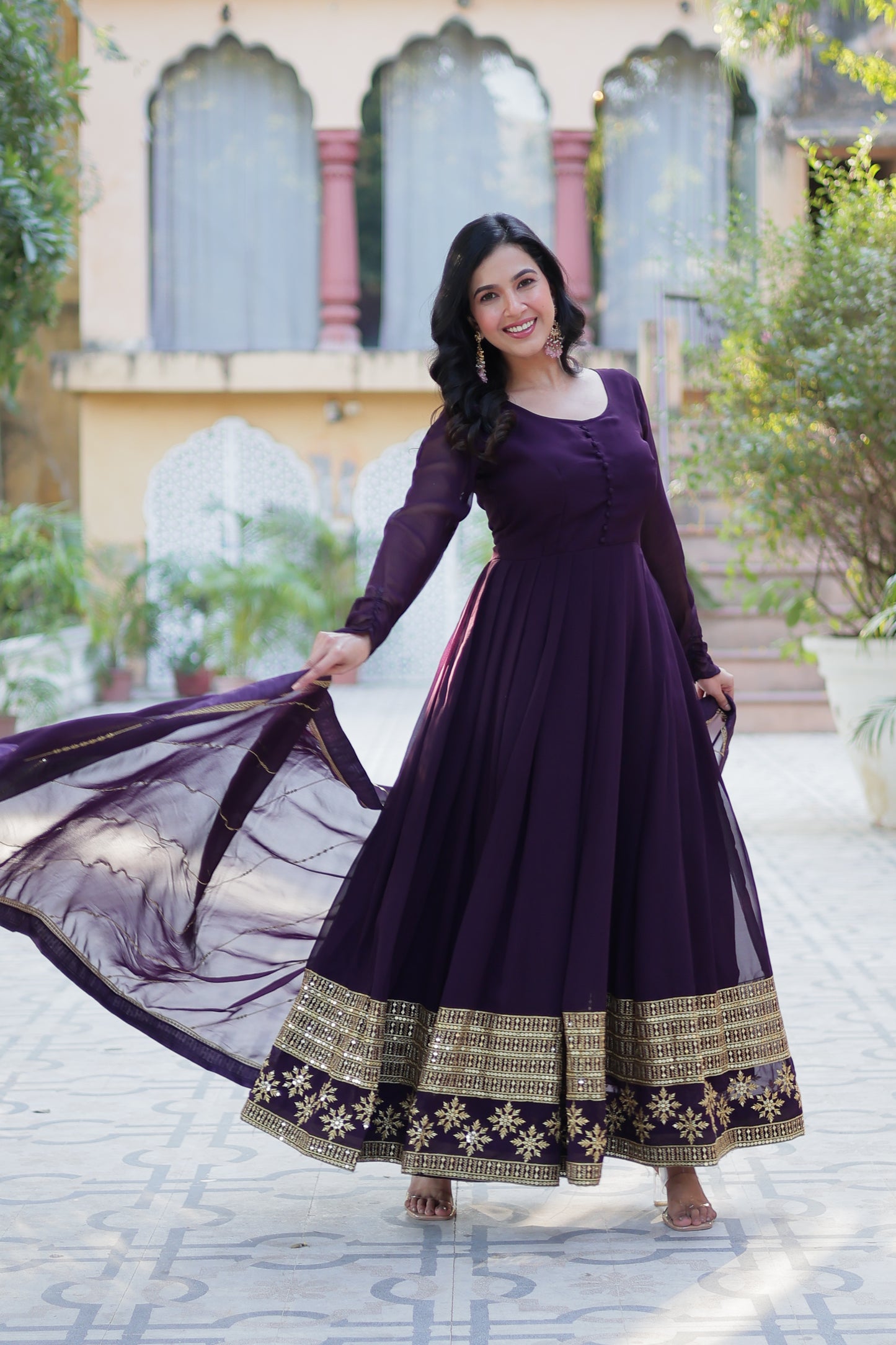 Wine Georgette Embroidered  Gown