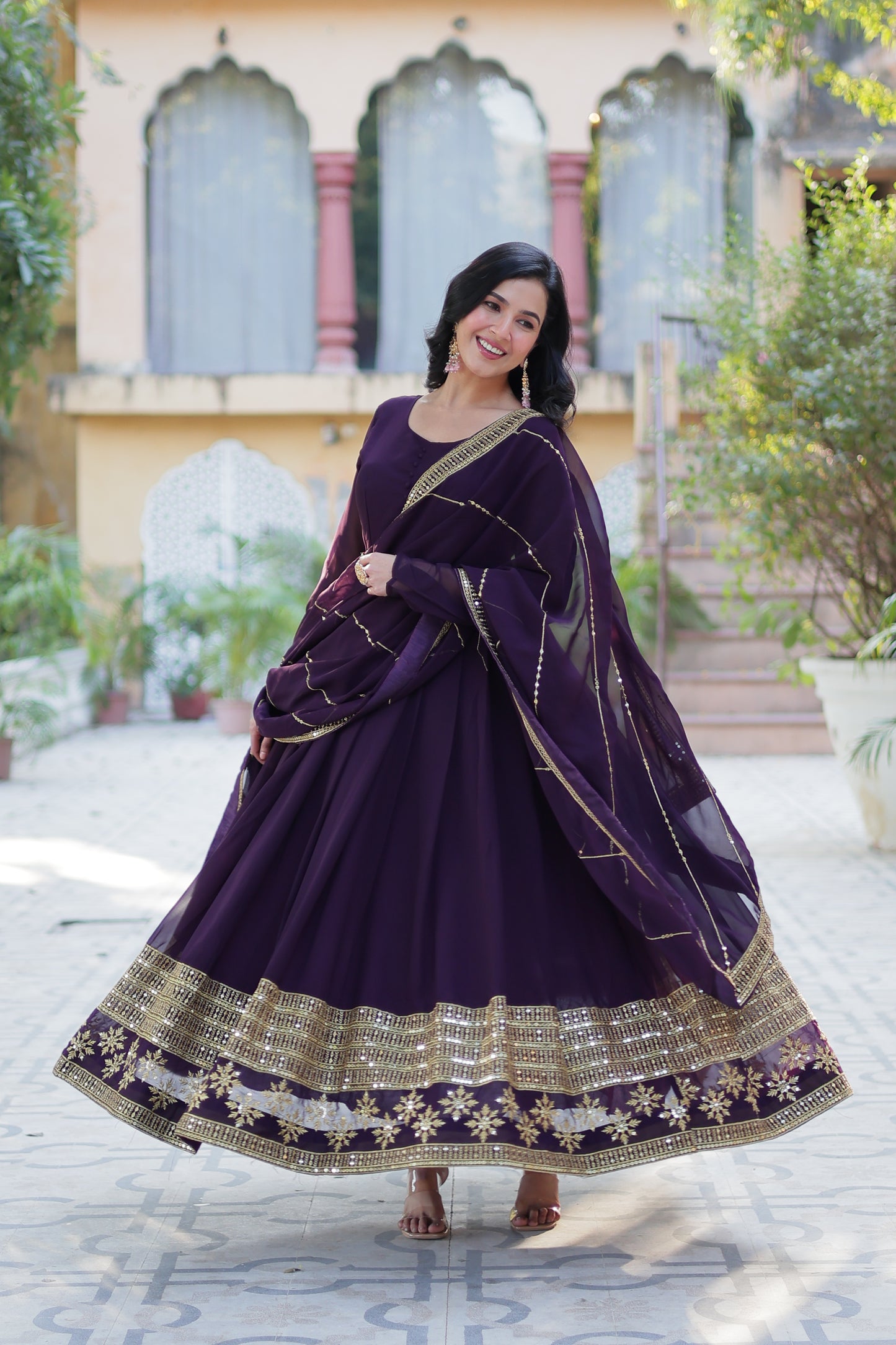 Wine Georgette Embroidered  Gown
