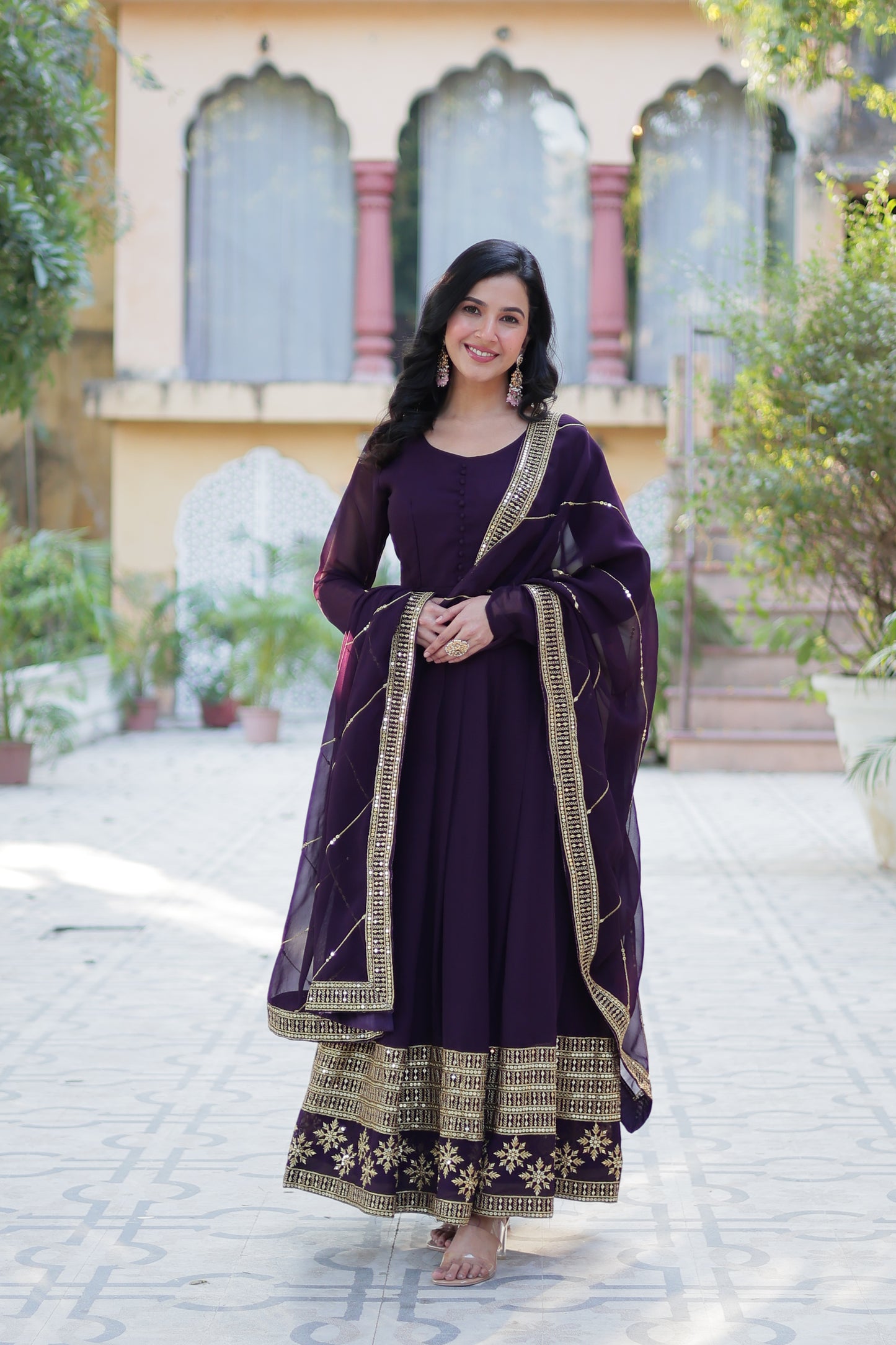 Wine Georgette Embroidered  Gown