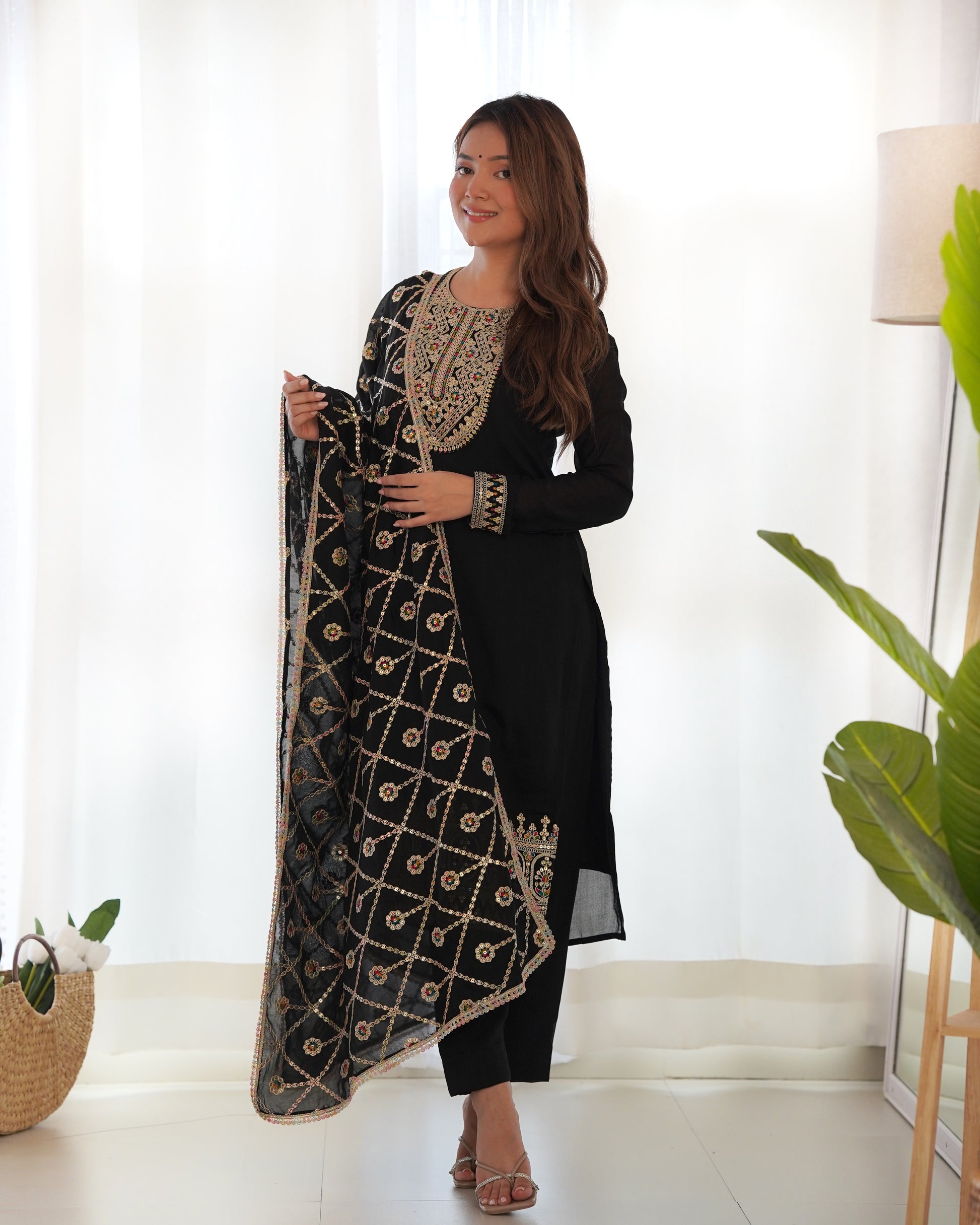 black embroidered kurta set