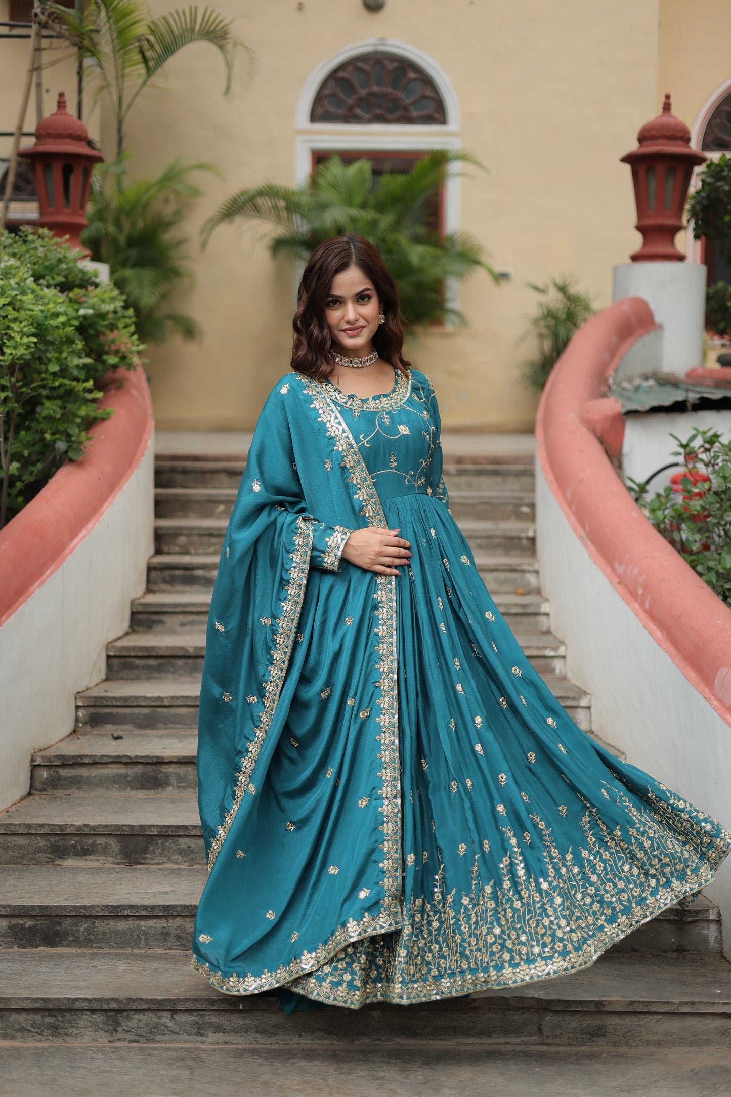 blue long kurti sharara suit set