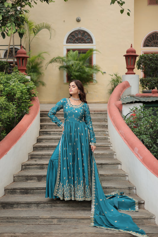 blue long kurti sharara suit set