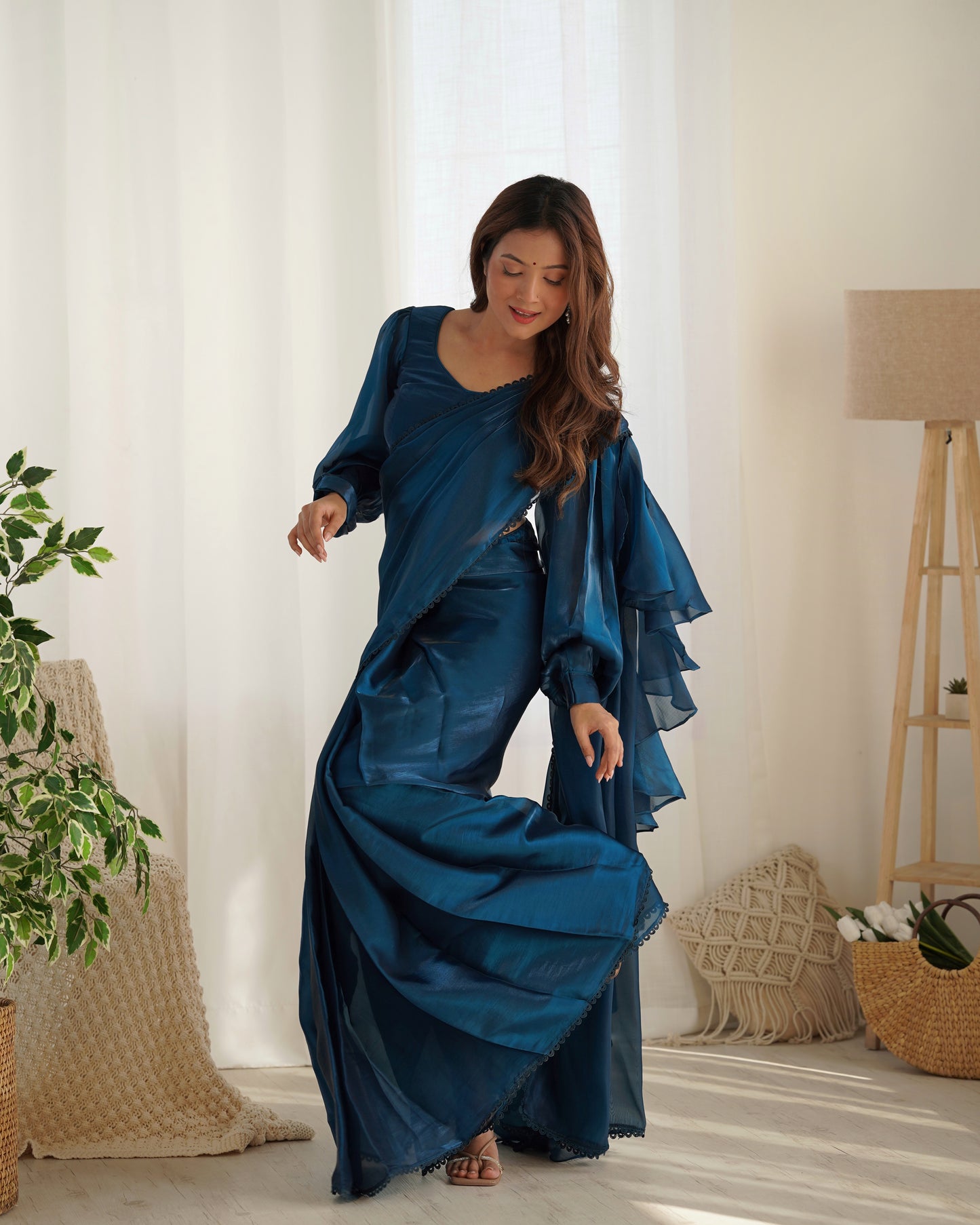 blue ruffle saree
