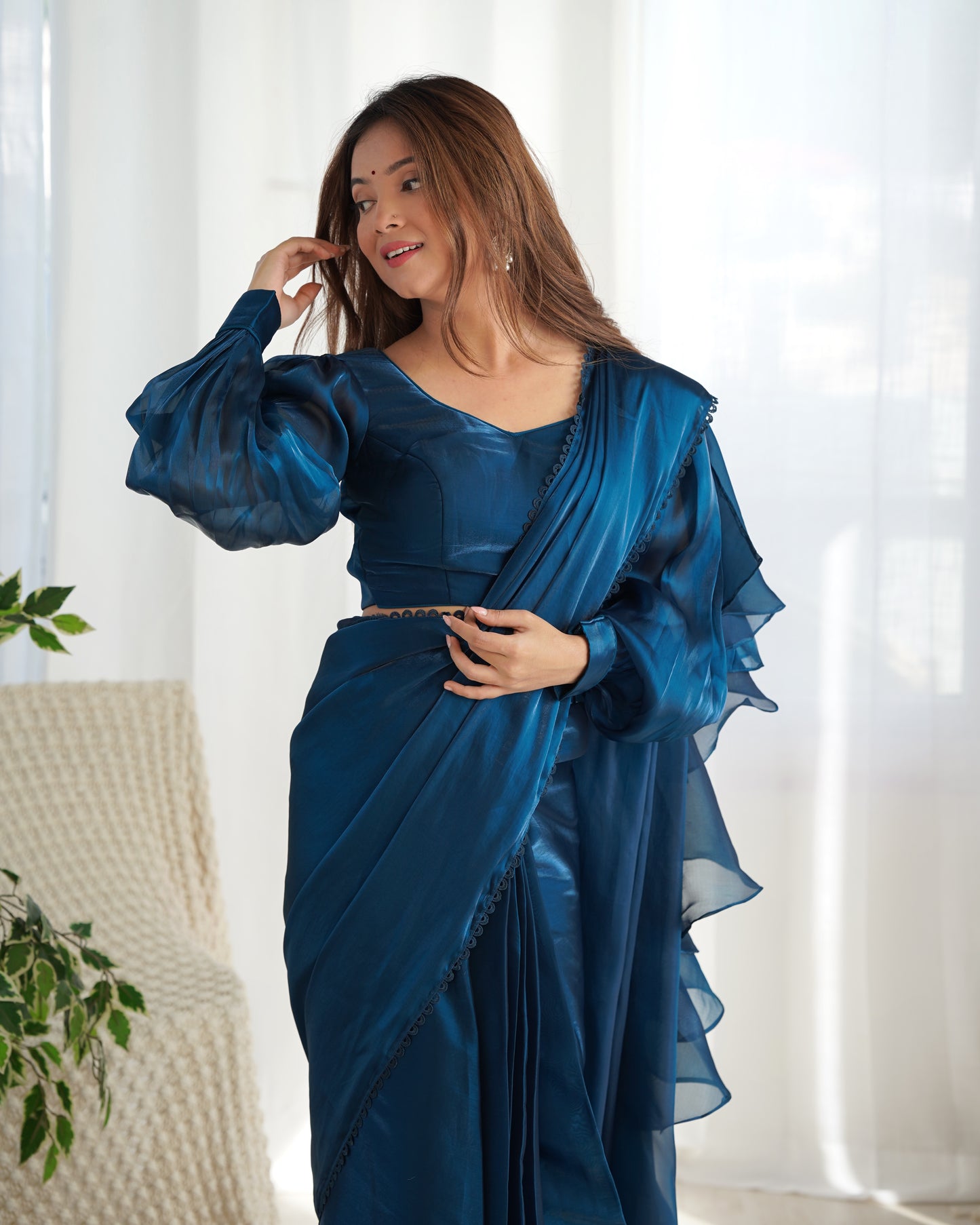 blue ruffle saree