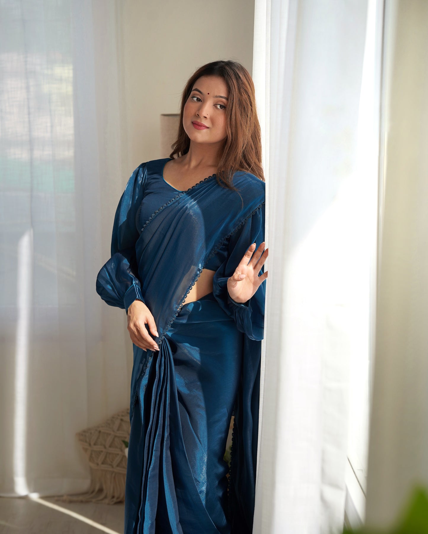 blue ruffle saree