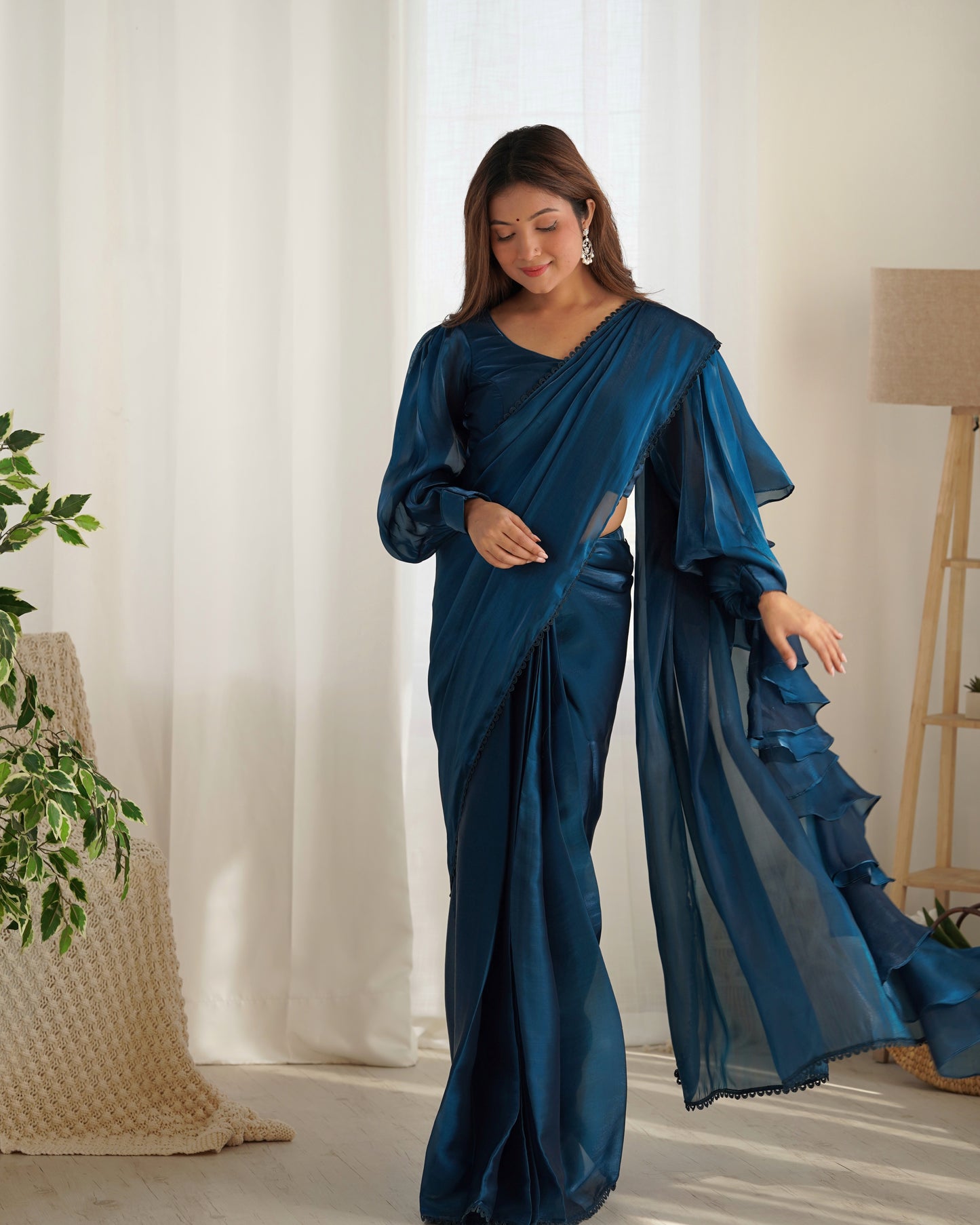 blue ruffle saree