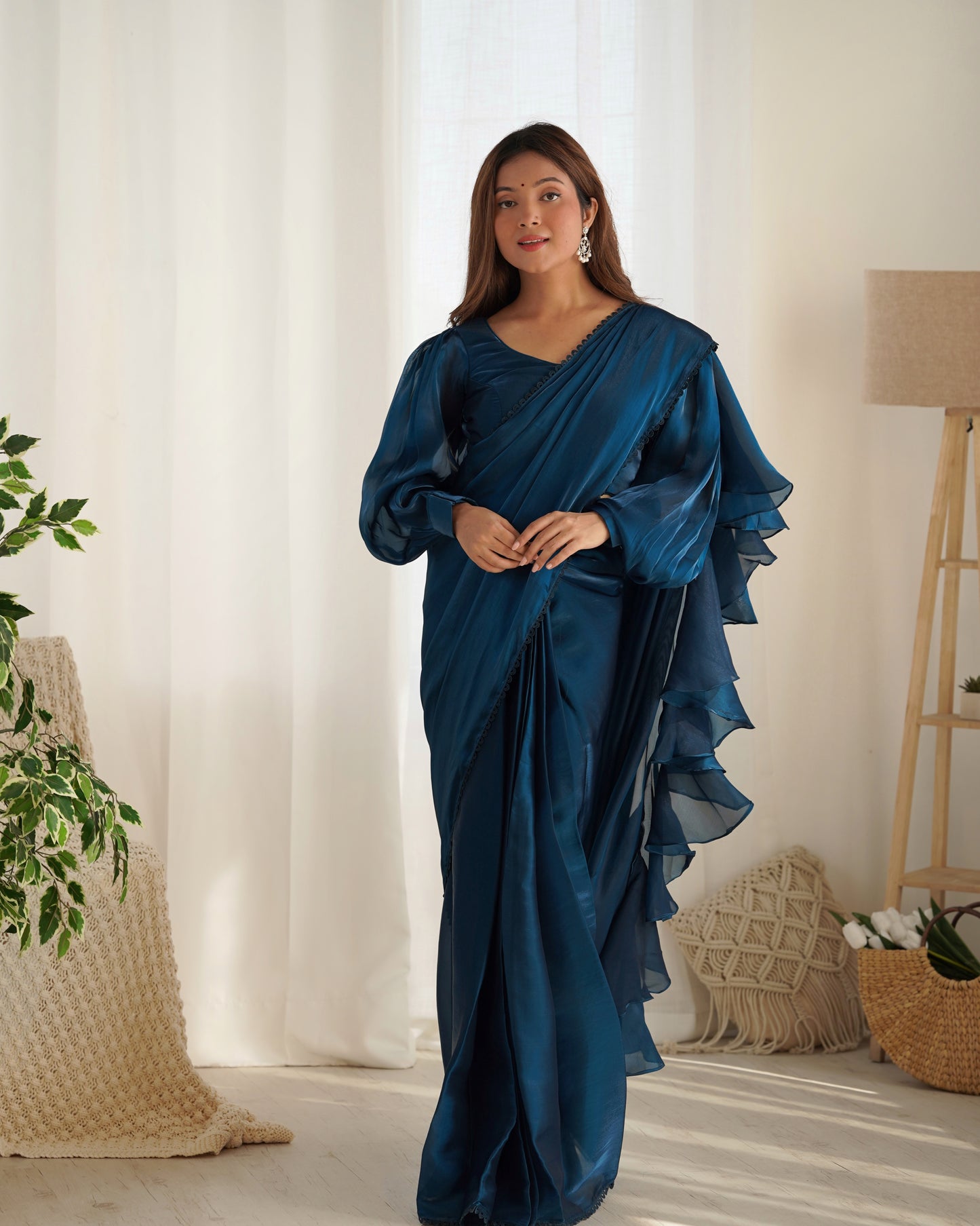 blue ruffle saree