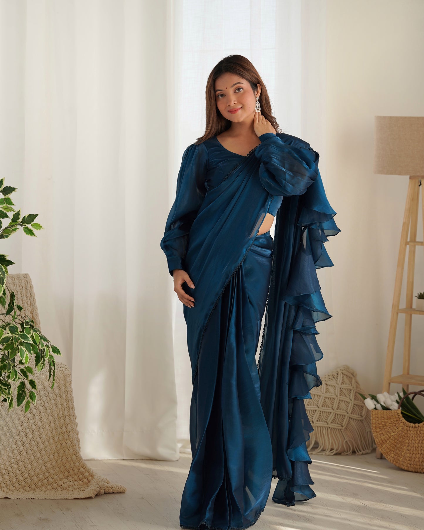blue ruffle saree