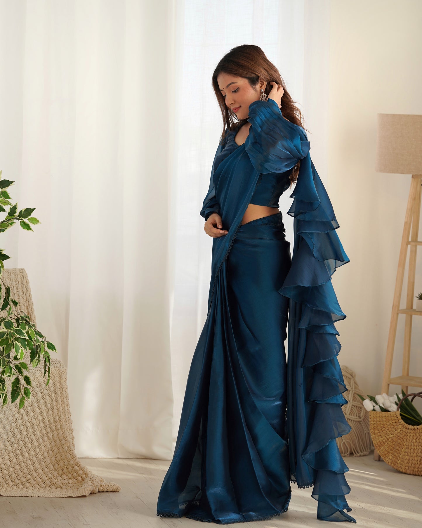 blue ruffle saree