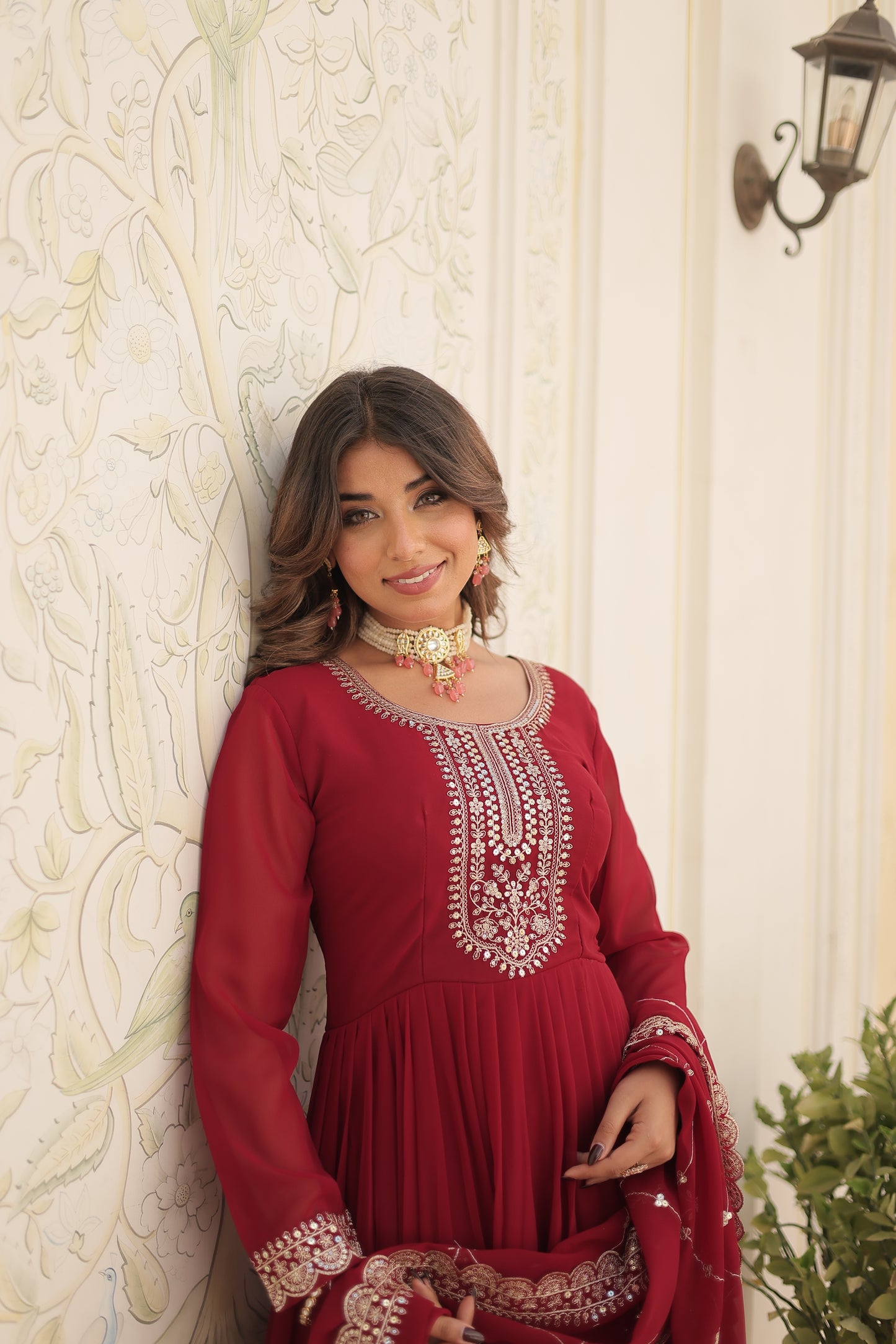 maroon embroidered gown