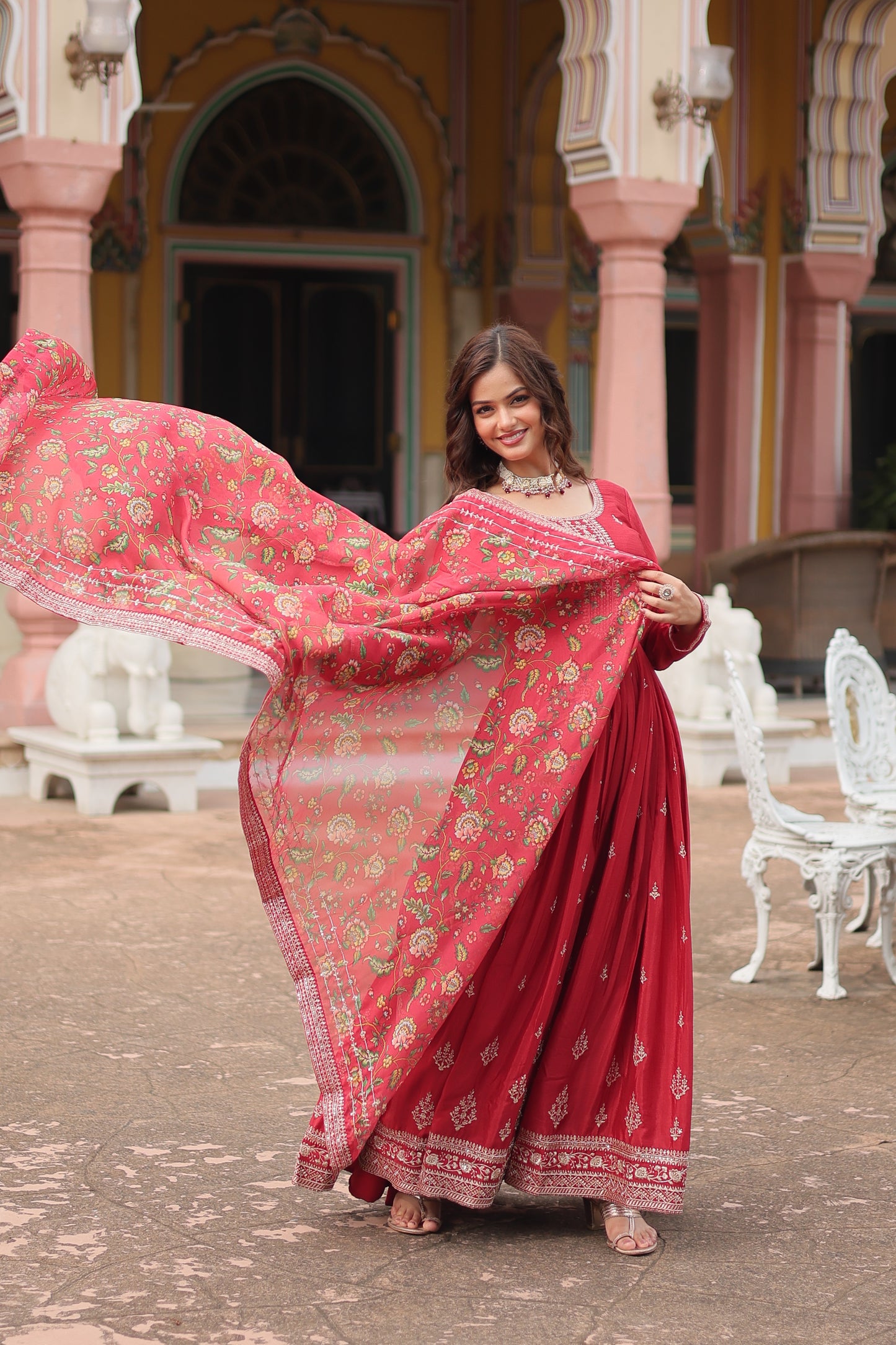 maroon embroidered gown with dupatta