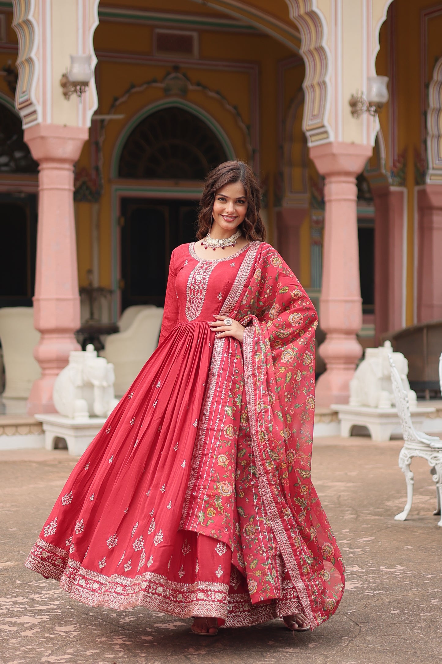 maroon embroidered gown with dupatta