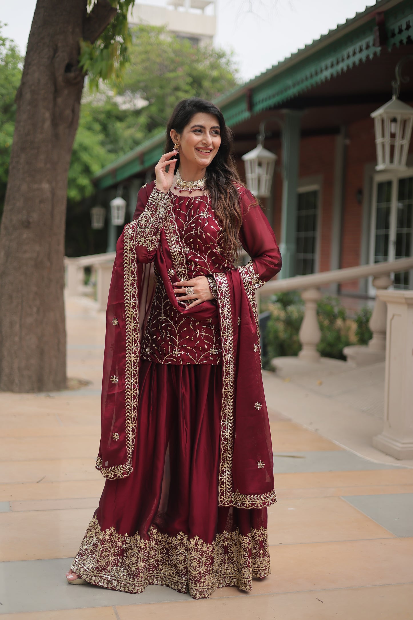 maroon sharara suit set