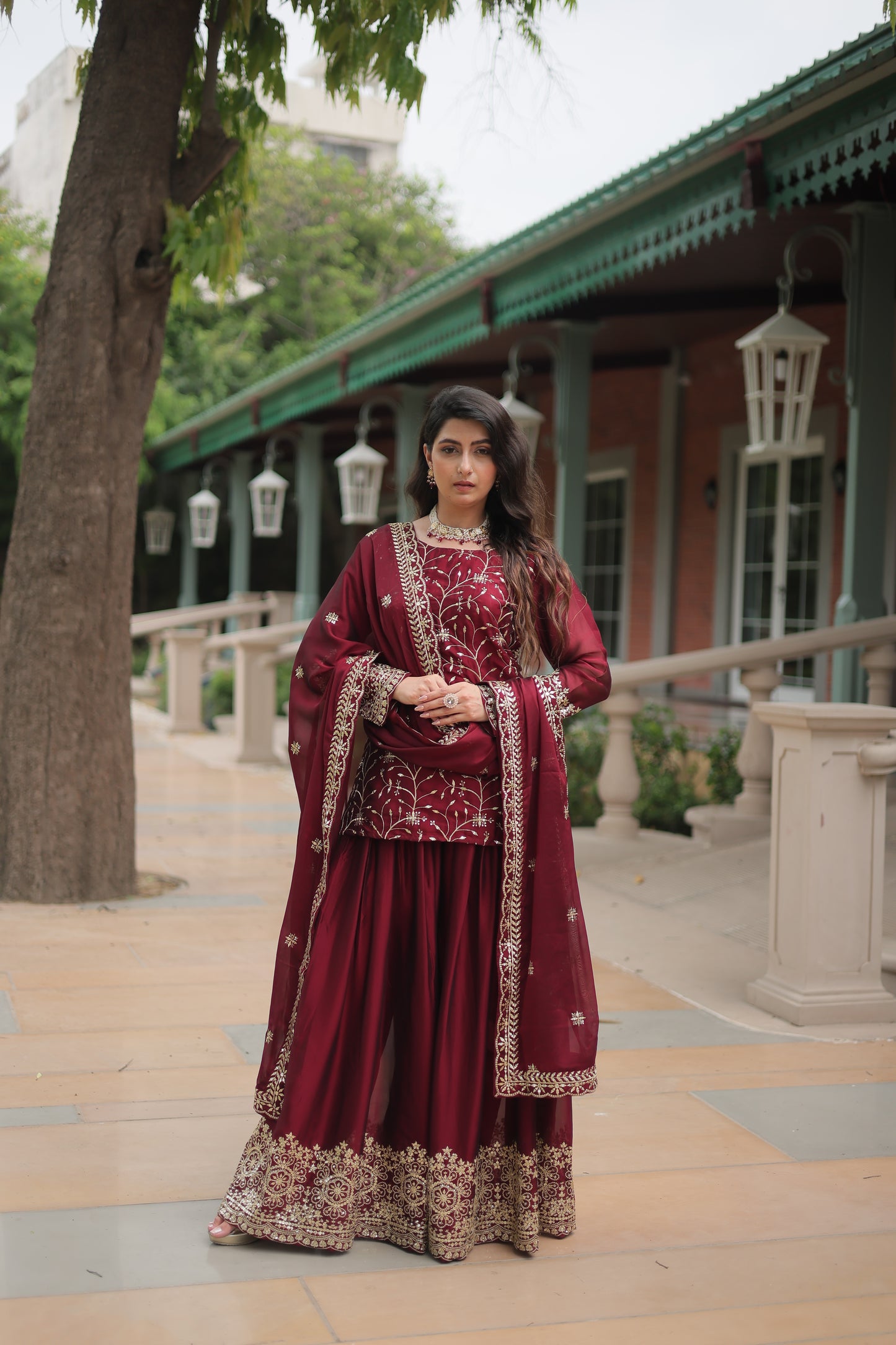 maroon sharara suit set