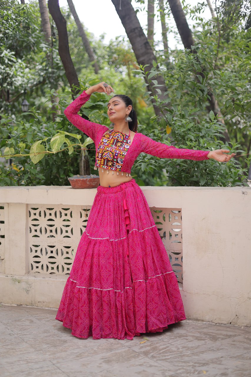 Georgette Bandhej Print with Gotta Patti Lace Work lehenga choli
