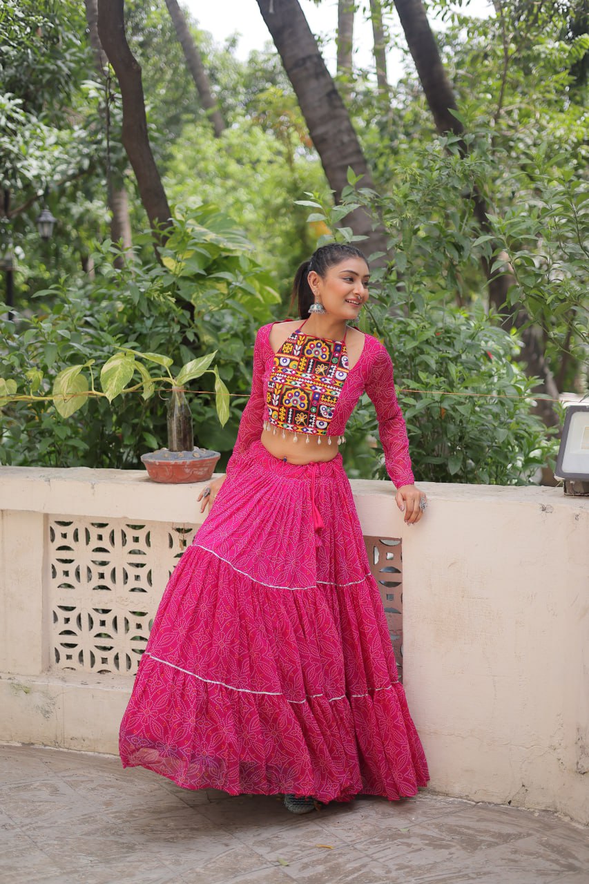 Georgette Bandhej Print with Gotta Patti Lace Work lehenga choli